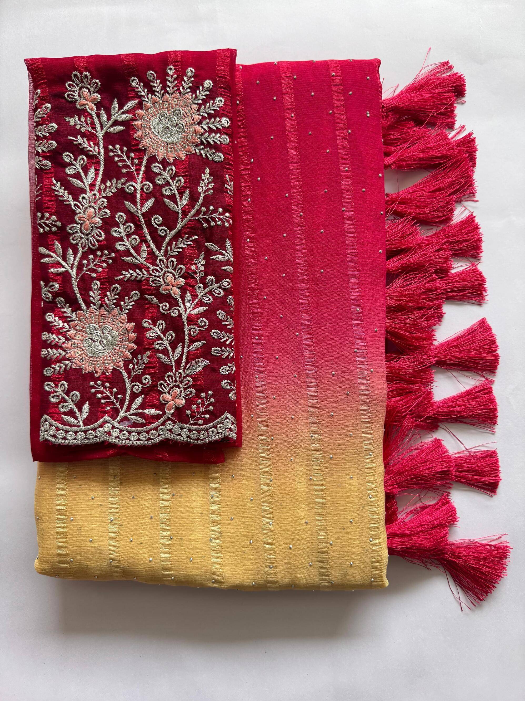 AB Silk Georgette Solid Leheriya Saree With Unstitched Blouse Piece ( Rani ) AB Silk Georgette Solid Leheriya Saree With Unstitched Blouse Piece ( Rani )