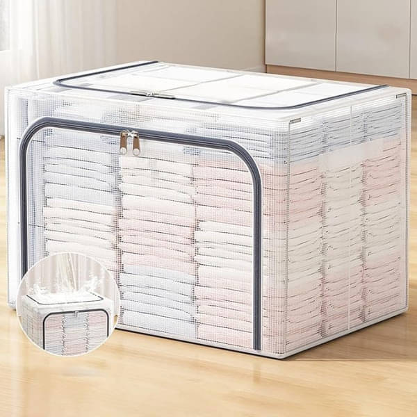    			Clothes Organizer,Clothes Storage Bins Box with Steel Frame Foldable Window and Reinforced Handle Clear Zipper Boxes Storage Bag 66L Transparent Storage PACK-1