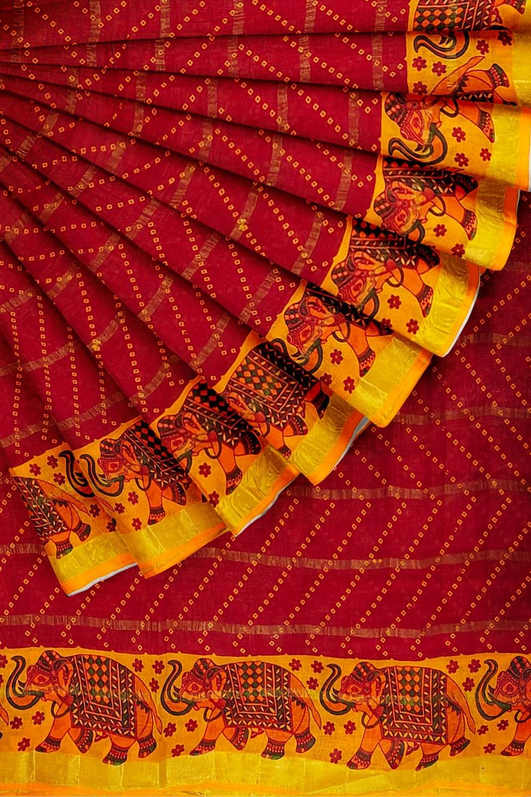     			Dishita Cotton Checks Bandhani Sarees Without Blouse Piece ( Red )