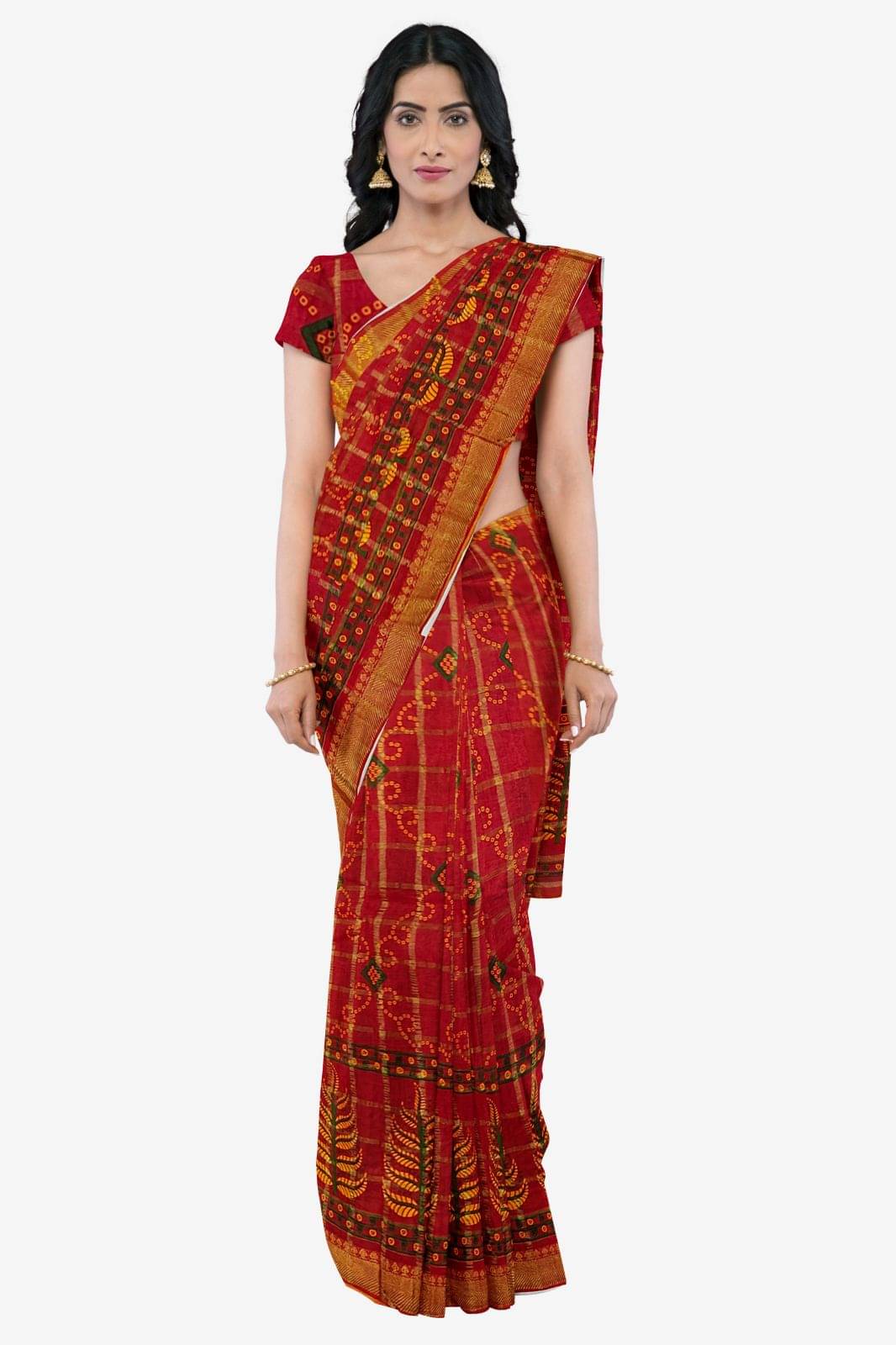     			Dishita Cotton Checks Bandhani Sarees Without Blouse Piece ( Maroon )