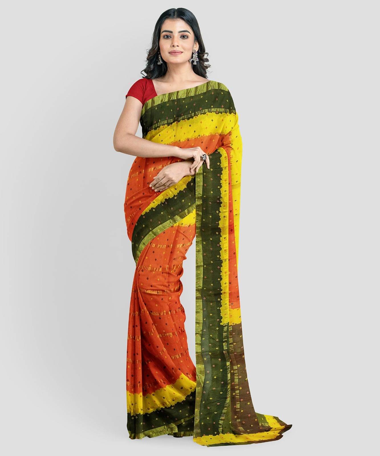     			Dishita Cotton Checks Bandhani Sarees Without Blouse Piece ( Orange )