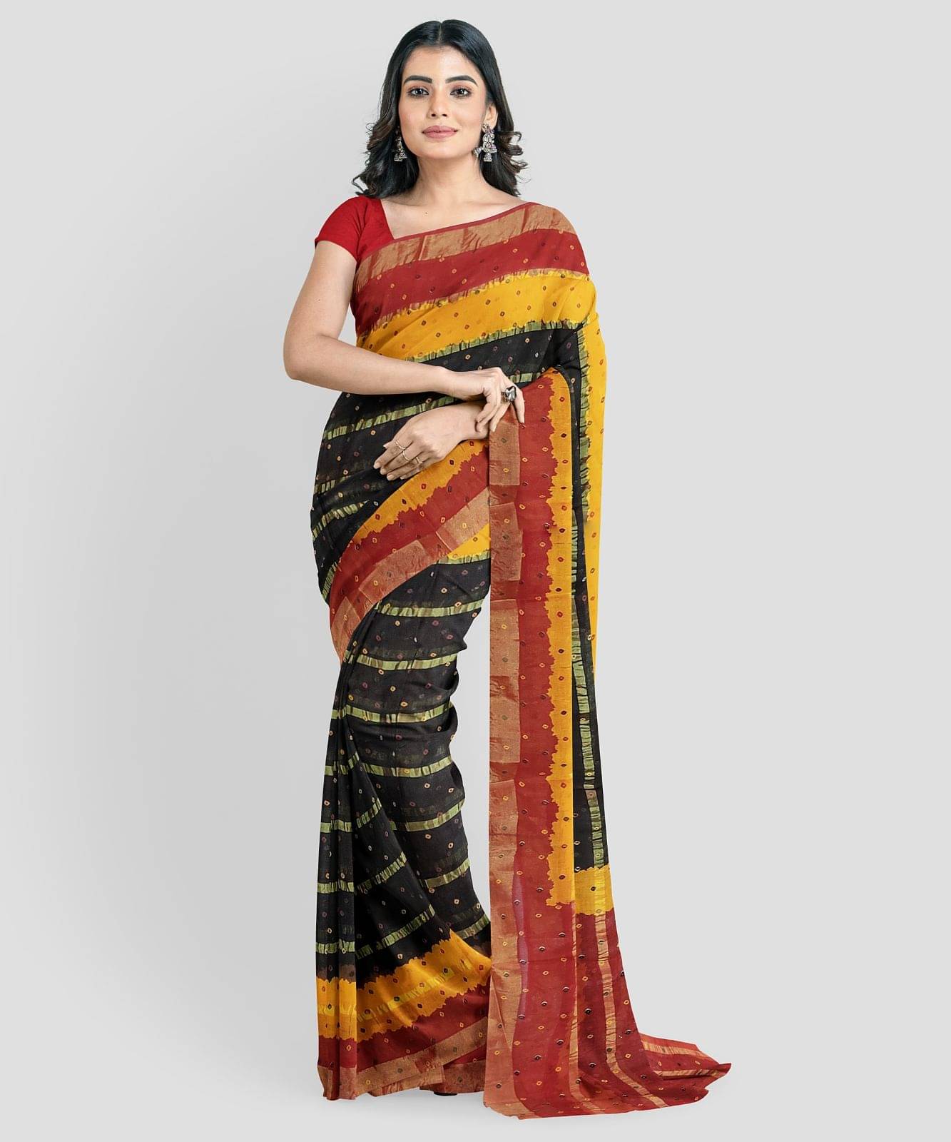 Dishita Cotton Checks Bandhani Sarees Without Blouse Piece ( Black ) Dishita Cotton Checks Bandhani Sarees Without Blouse Piece ( Black )
