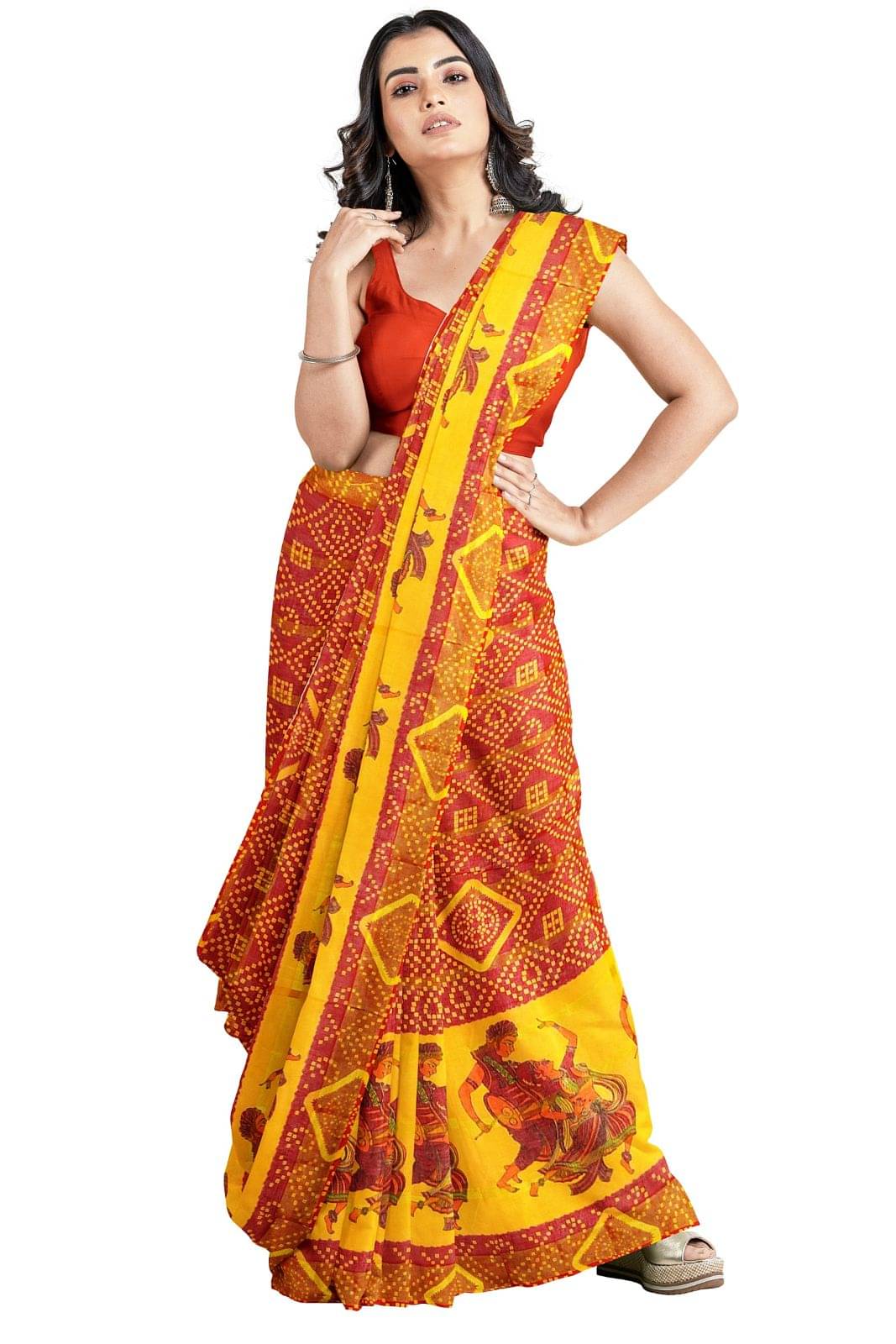 Dishita Cotton Checks Bandhani Sarees Without Blouse Piece ( Red ) Dishita Cotton Checks Bandhani Sarees Without Blouse Piece ( Red )