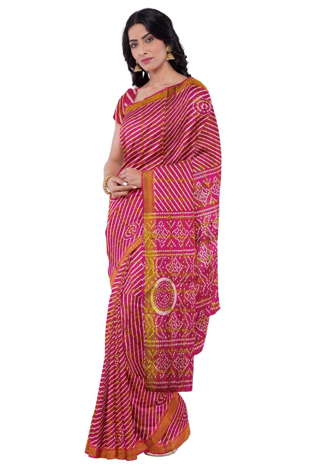     			Dishita Cotton Checks Leheriya Saree Without Blouse Piece ( Pink )
