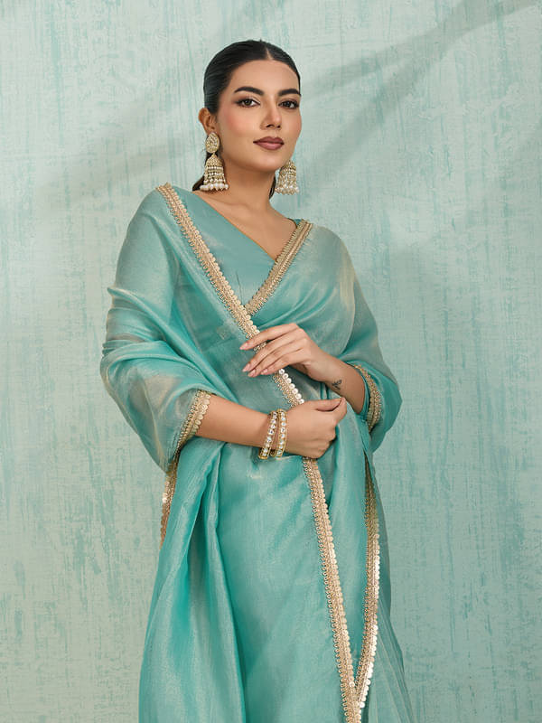 Doi Moi Organza Embellished Saree With Unstitched Blouse Piece ( Green ) Doi Moi Organza Embellished Saree With Unstitched Blouse Piece ( Green )