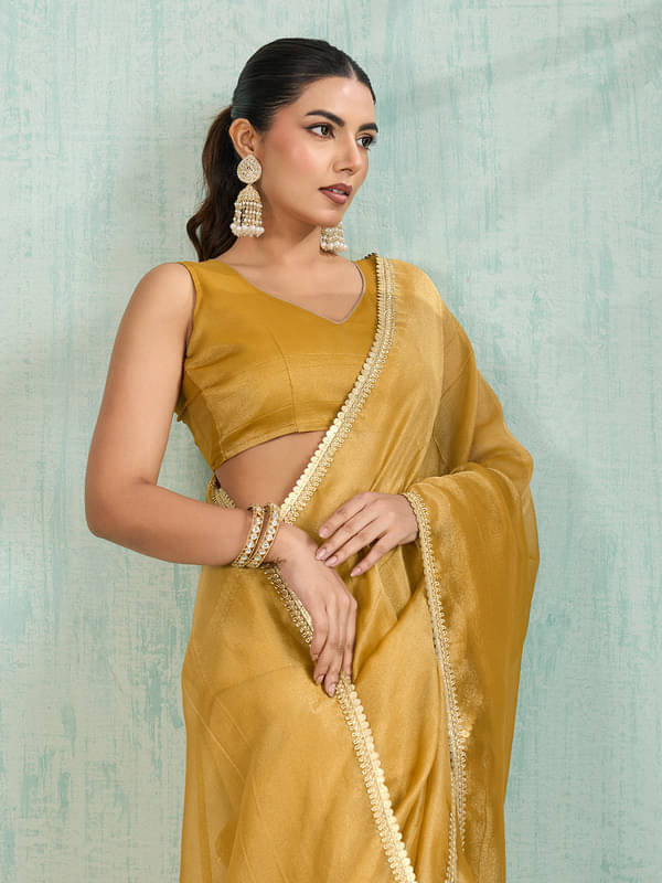 Doi Moi Organza Embellished Saree With Unstitched Blouse Piece ( Yellow ) Doi Moi Organza Embellished Saree With Unstitched Blouse Piece ( Yellow )