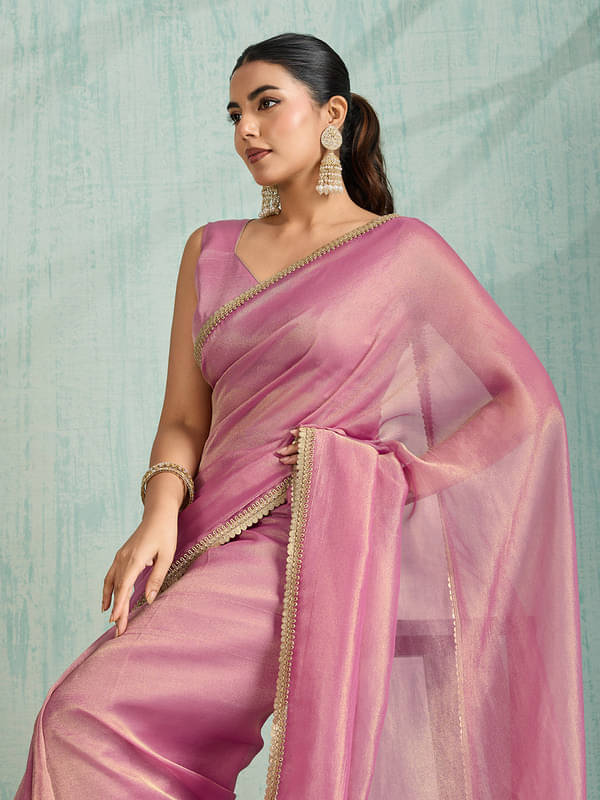     			Doi Moi Organza Embellished Saree With Unstitched Blouse Piece ( Pink )