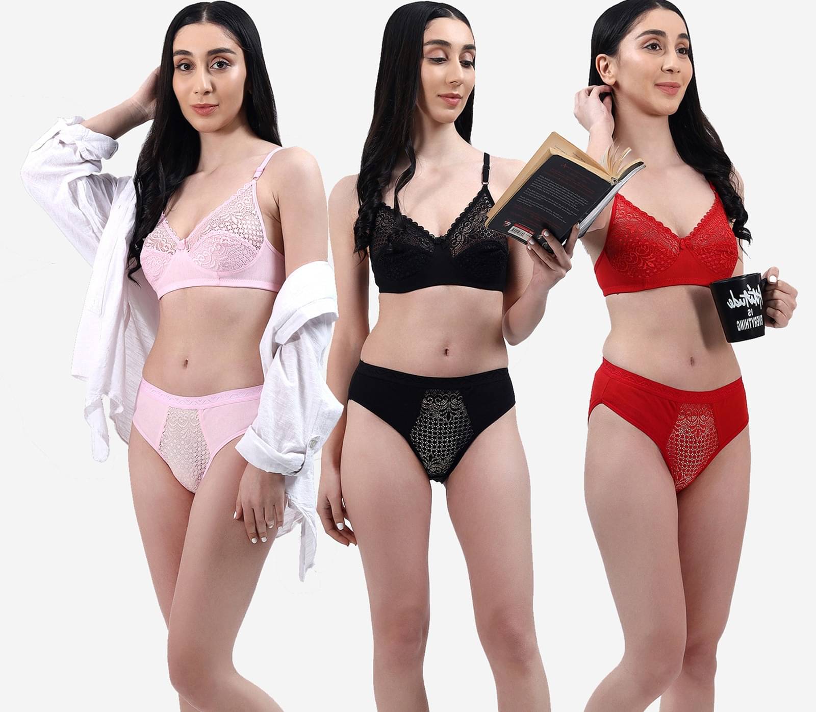     			FLYING QUEEN Pack of 3 Cotton Blend Bra & Panty Set For Women ( Multicolor )