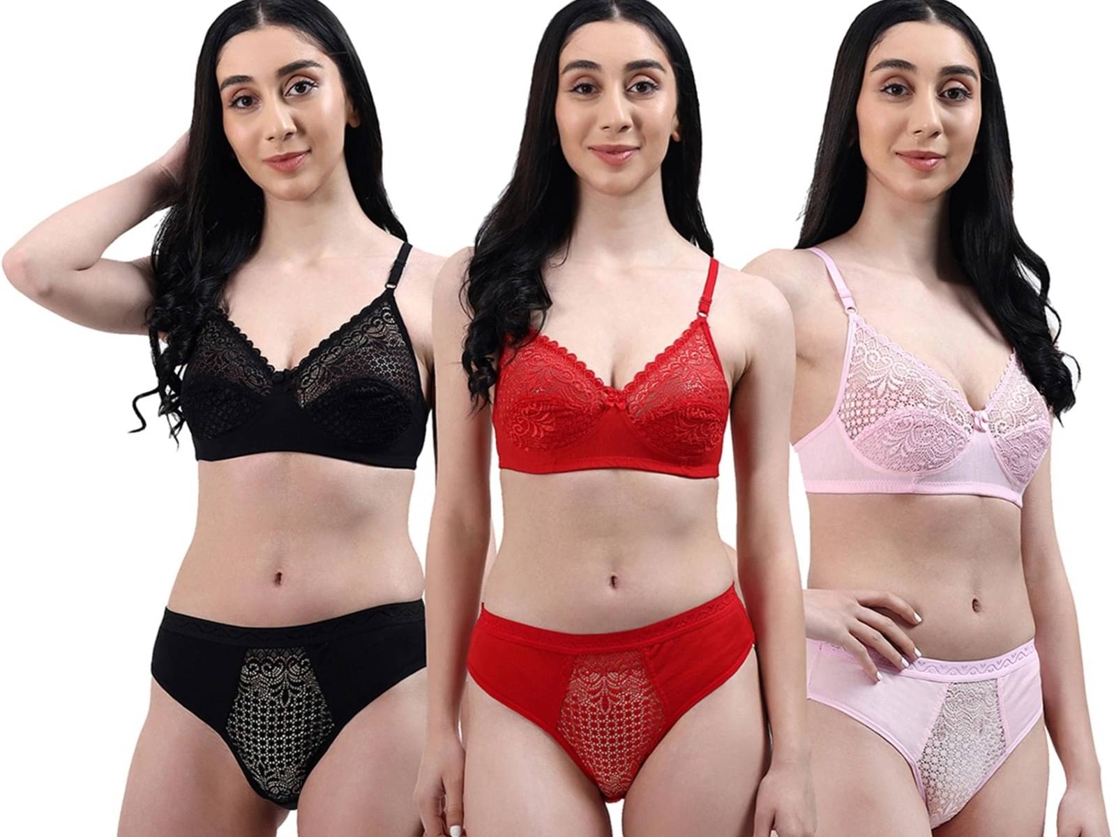     			FLYING QUEEN Pack of 3 Lace Bra & Panty Set For Women ( Pink )