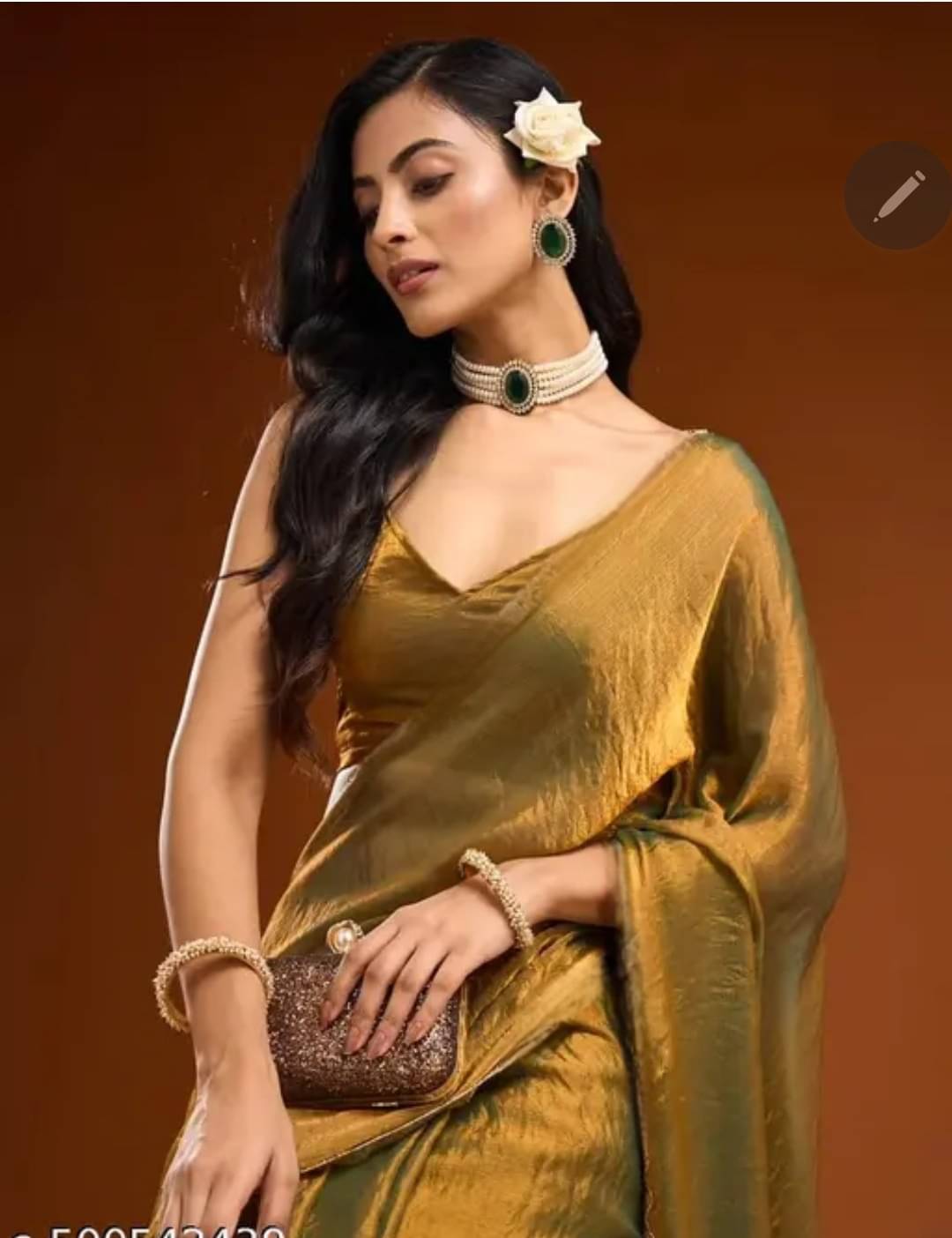 Gazal Fashions Chiffon Self Design Saree With Unstitched Blouse Piece ( Gold,Rama ) Gazal Fashions Chiffon Self Design Saree With Unstitched Blouse Piece ( Gold,Rama )