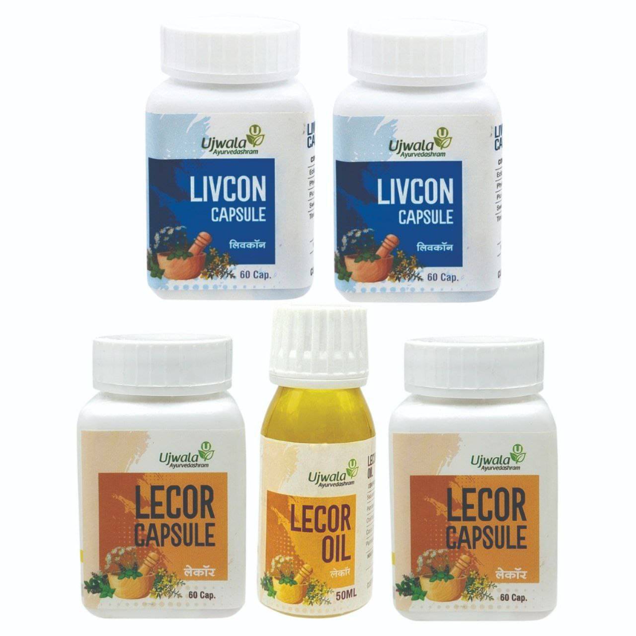 Ujwala Ayurvedashram Lecor Capsule 60 No.S , Lecor Oil 50Ml And Livcon Capsule 60 No.S For Leucoderma,Vitilig, White Patches (Pack of 5) Ujwala Ayurvedashram Lecor Capsule 60 No.S , Lecor Oil 50Ml And Livcon Capsule 60 No.S For Leucoderma,Vitilig, White Patches (Pack of 5)