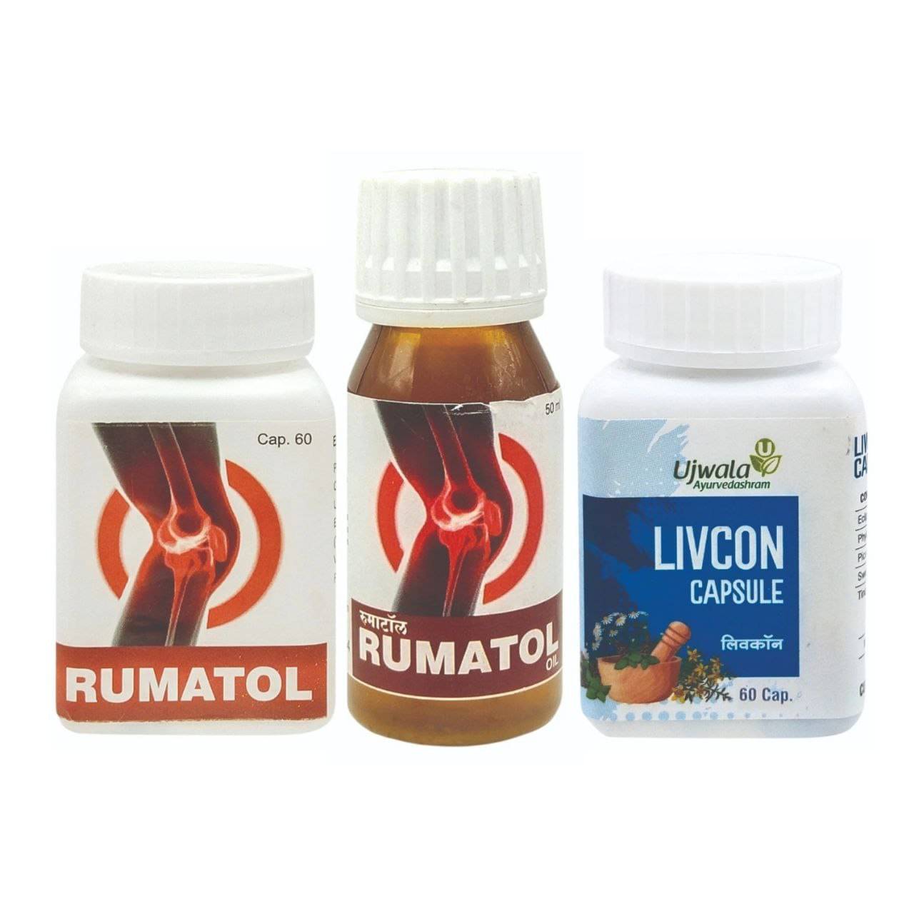     			Ujwala Ayurvedashram Rumatol 60 No.S, Livcon Capsule 60 No.S And Rumatol Oil 50Ml For Joint Wellness, Pain (Pack of 3)