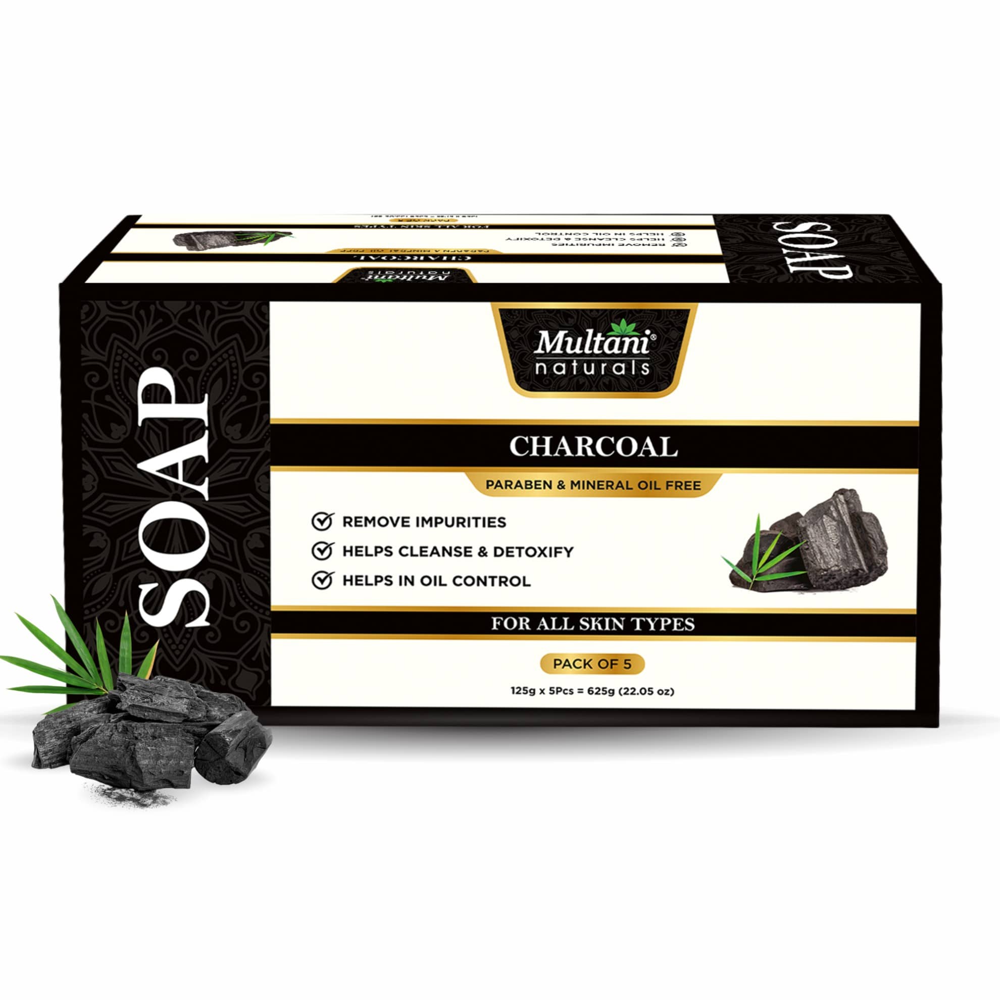 Multani Naturals Charcoal Soap For Men & Women Detoxes, Cleanses Skin, Minimizes Pores, Blackheads & Blemishes 125gm (Pack of 5)