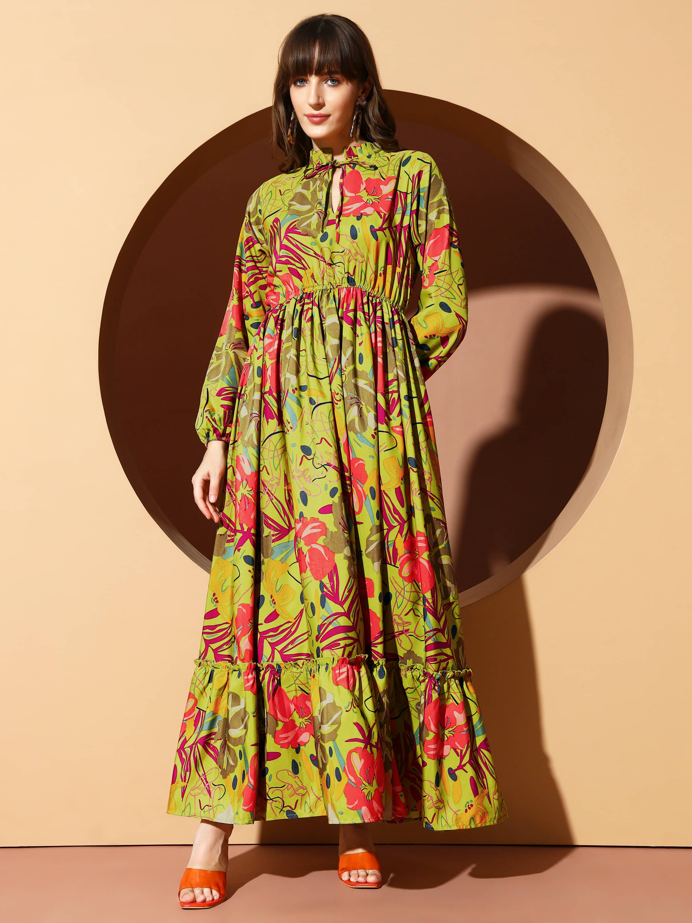 OTABU Women Polyester Printed A-line Dress ( Green )     			OTABU Women Polyester Printed A-line Dress ( Green )