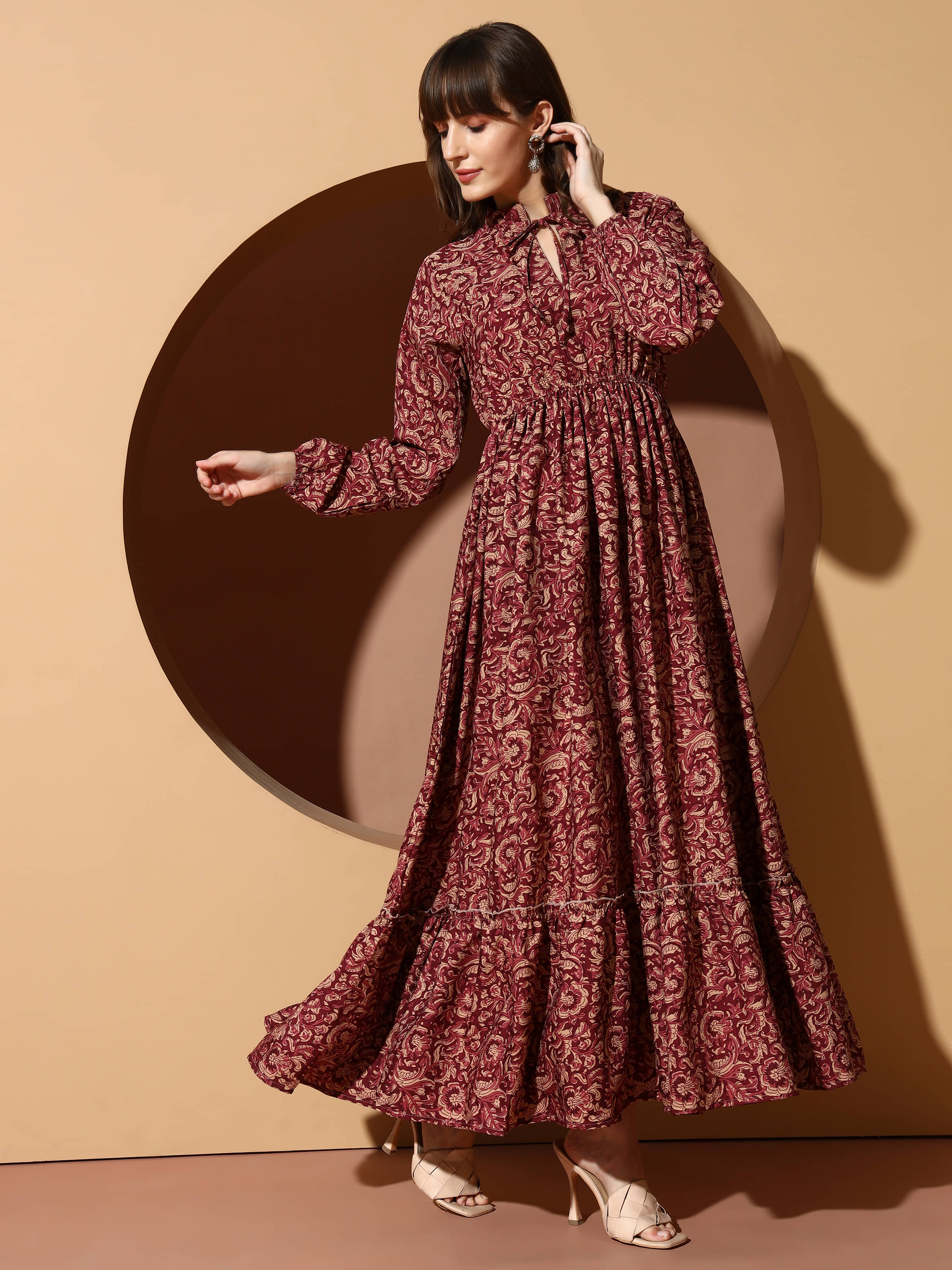 OTABU Women Polyester Printed A-line Dress ( Maroon ) OTABU Women Polyester Printed A-line Dress ( Maroon )