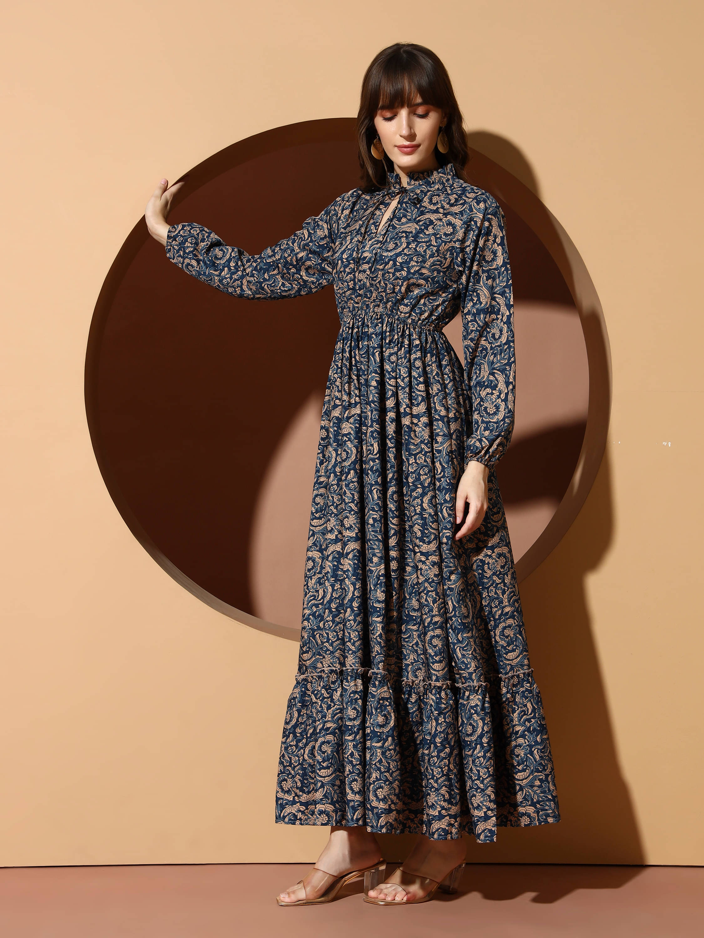OTABU Women Polyester Printed A-line Dress ( Navy Blue ) OTABU Women Polyester Printed A-line Dress ( Navy Blue )