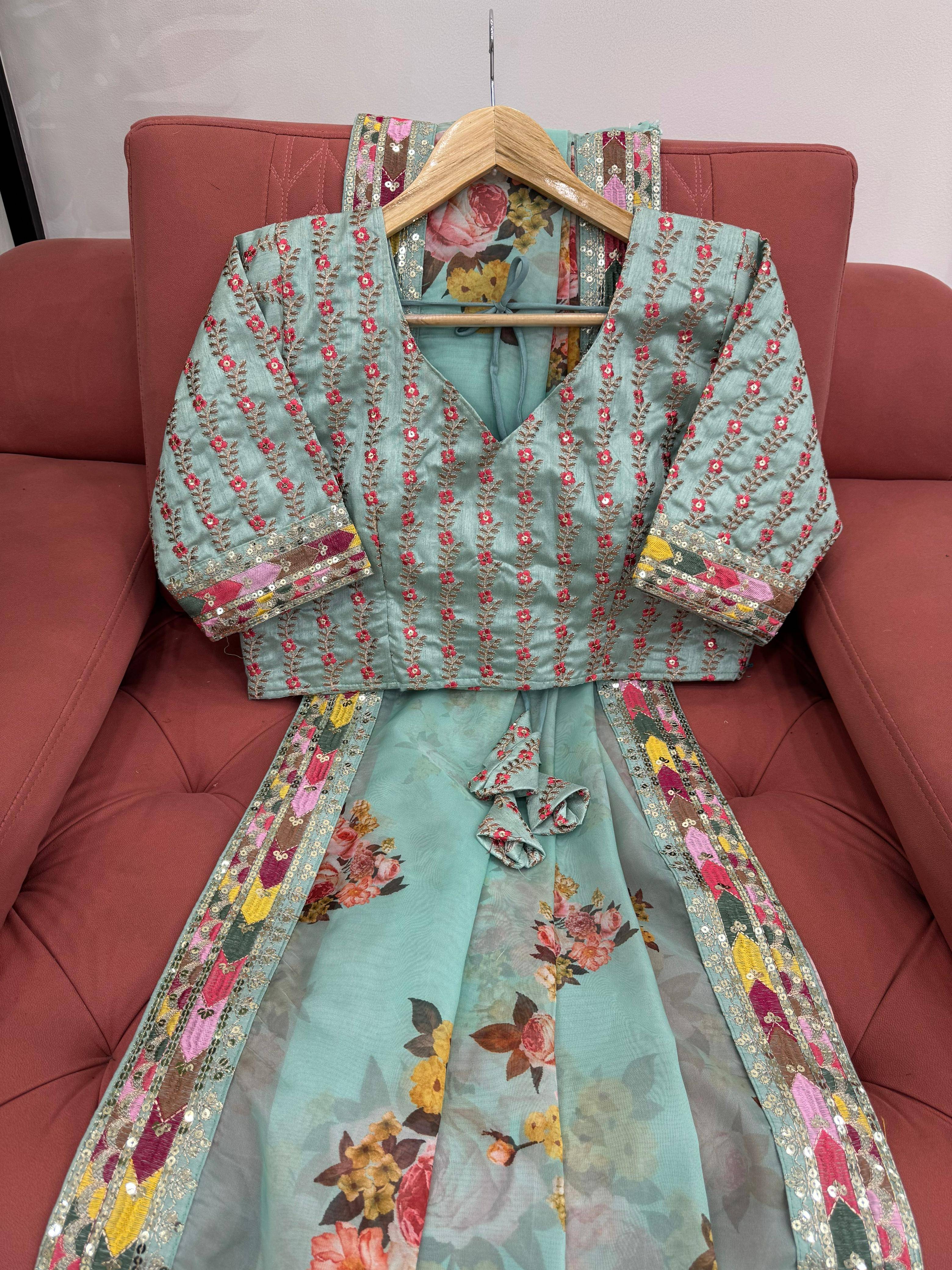     			Prazvika Organza Printed Jamdani Saree With Unstitched Blouse Piece ( Green )