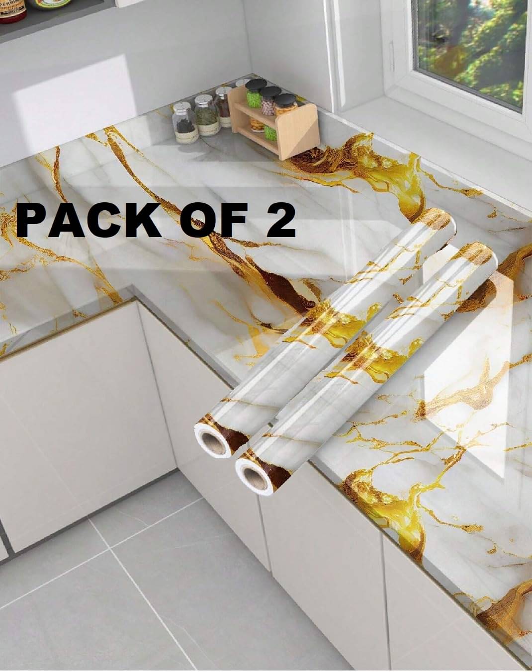     			Premium Wall Stickers DIY Wallpaper Vinyl Marble Peel and Stick Waterproof Wallpaper for Home Kitchen Countertop Cabinet Furniture Oil Proof Kitchen Stickers(60x200cm) (Premium White Gold) PACK-2