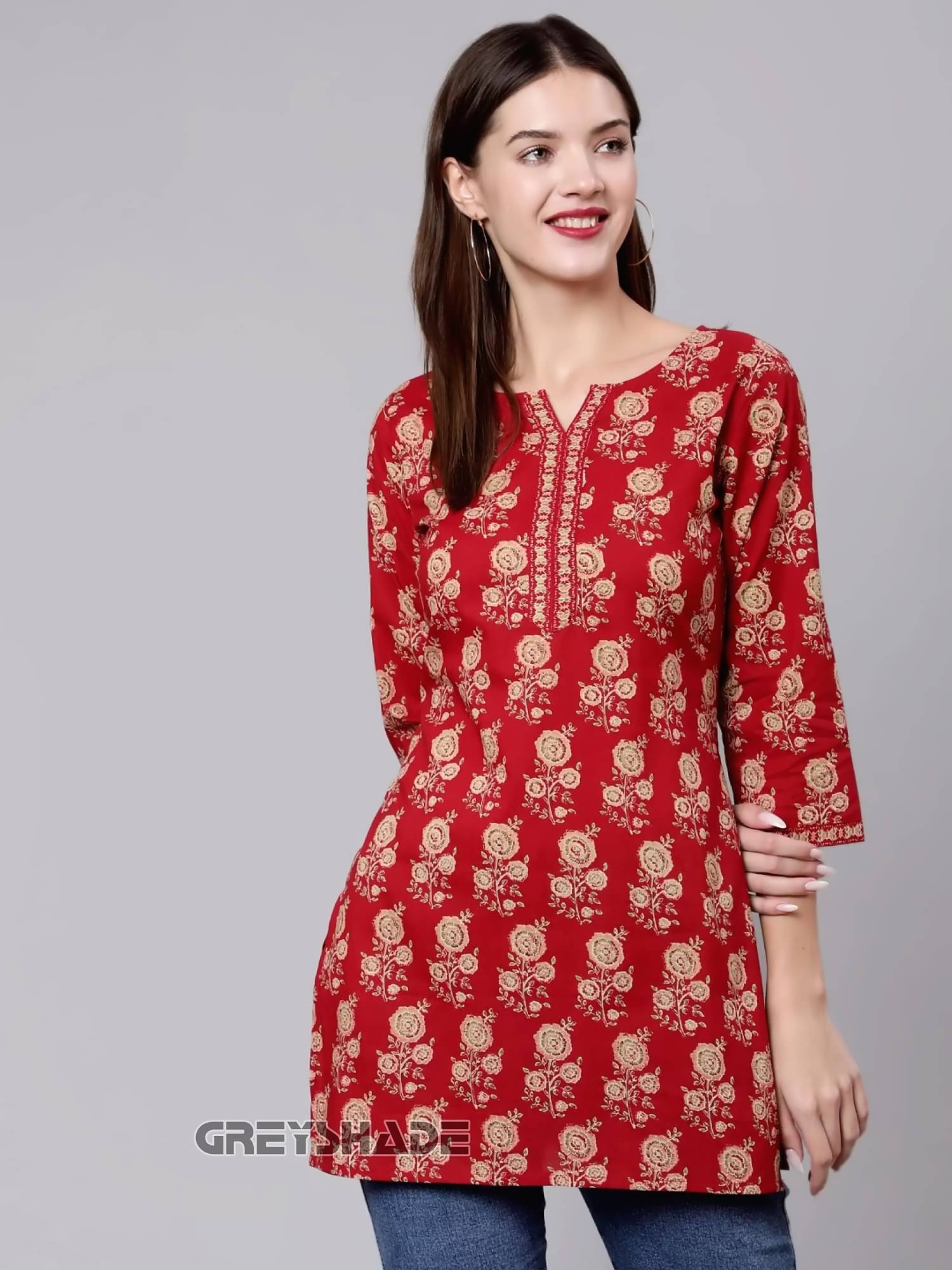     			Romaniya Fab Women Cotton Blend Printed Straight Kurti ( Red )