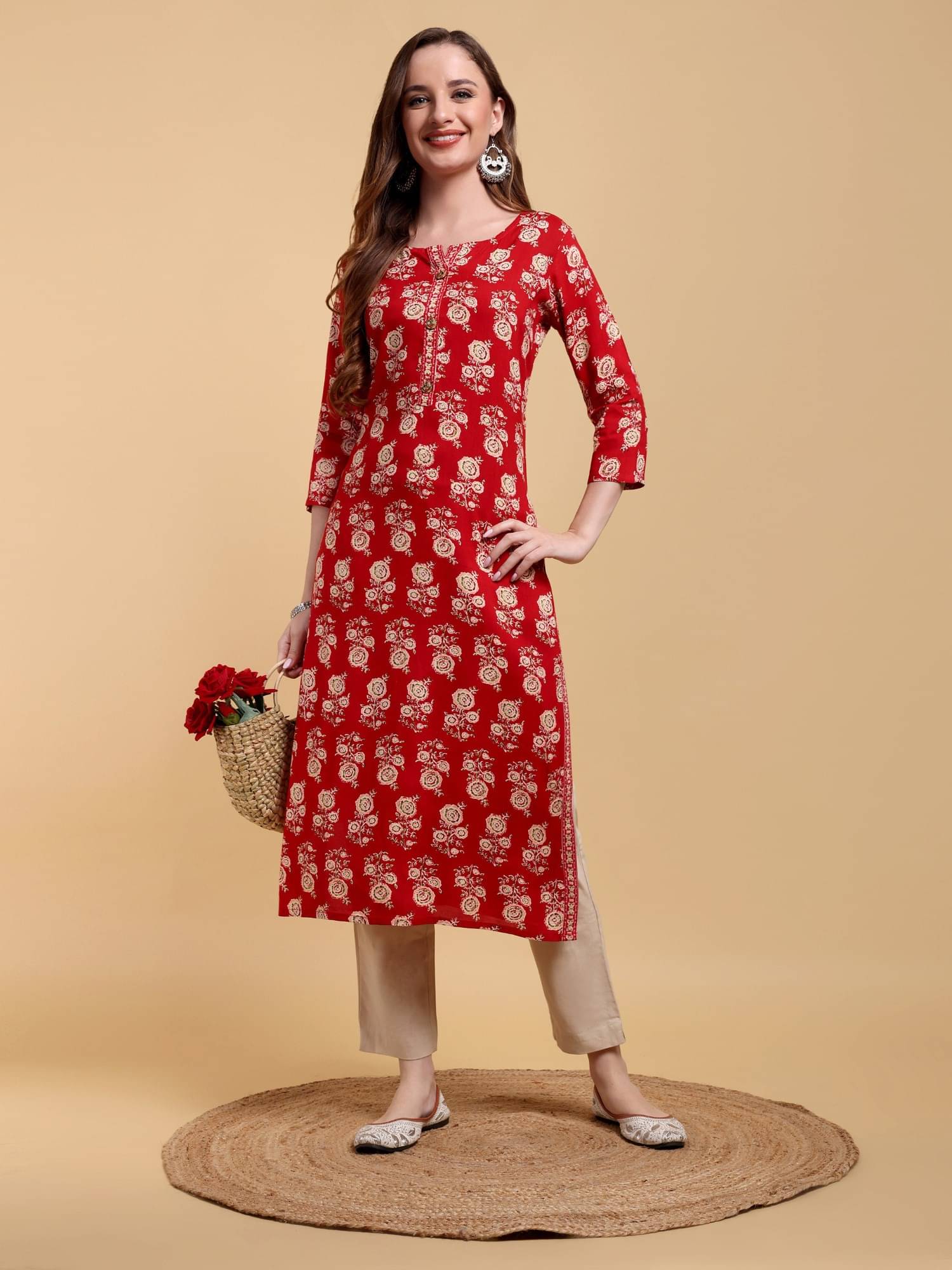 Romaniya Fab Women Cotton Blend Printed Straight Kurti ( Red ) Romaniya Fab Women Cotton Blend Printed Straight Kurti ( Red )