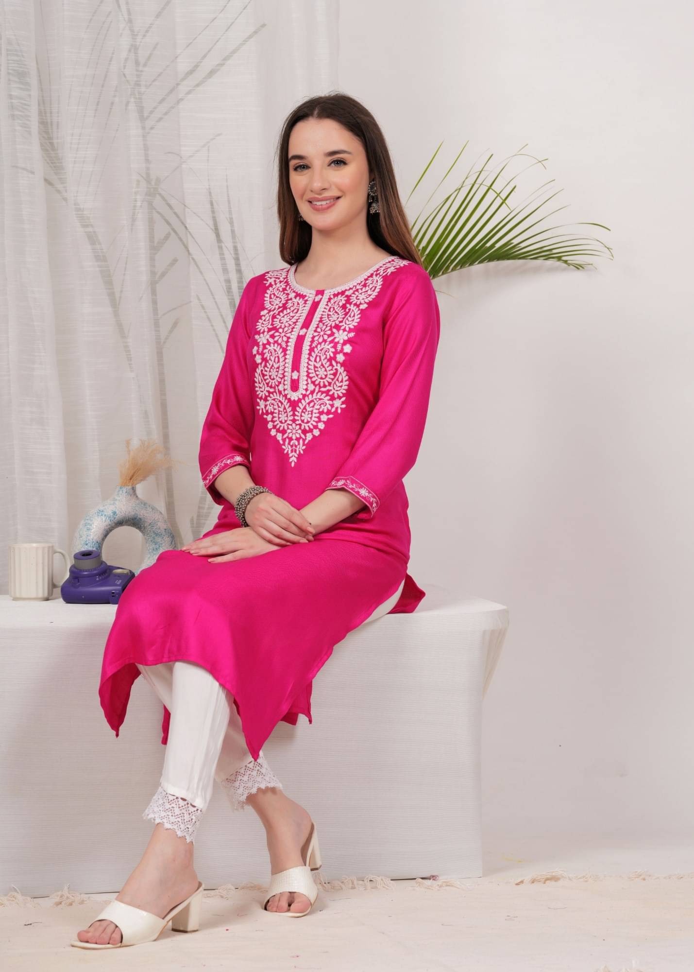 Romaniya Fab Women Viscose Rayon Embroidered Straight Kurti ( Pink ) Romaniya Fab Women Viscose Rayon Embroidered Straight Kurti ( Pink )