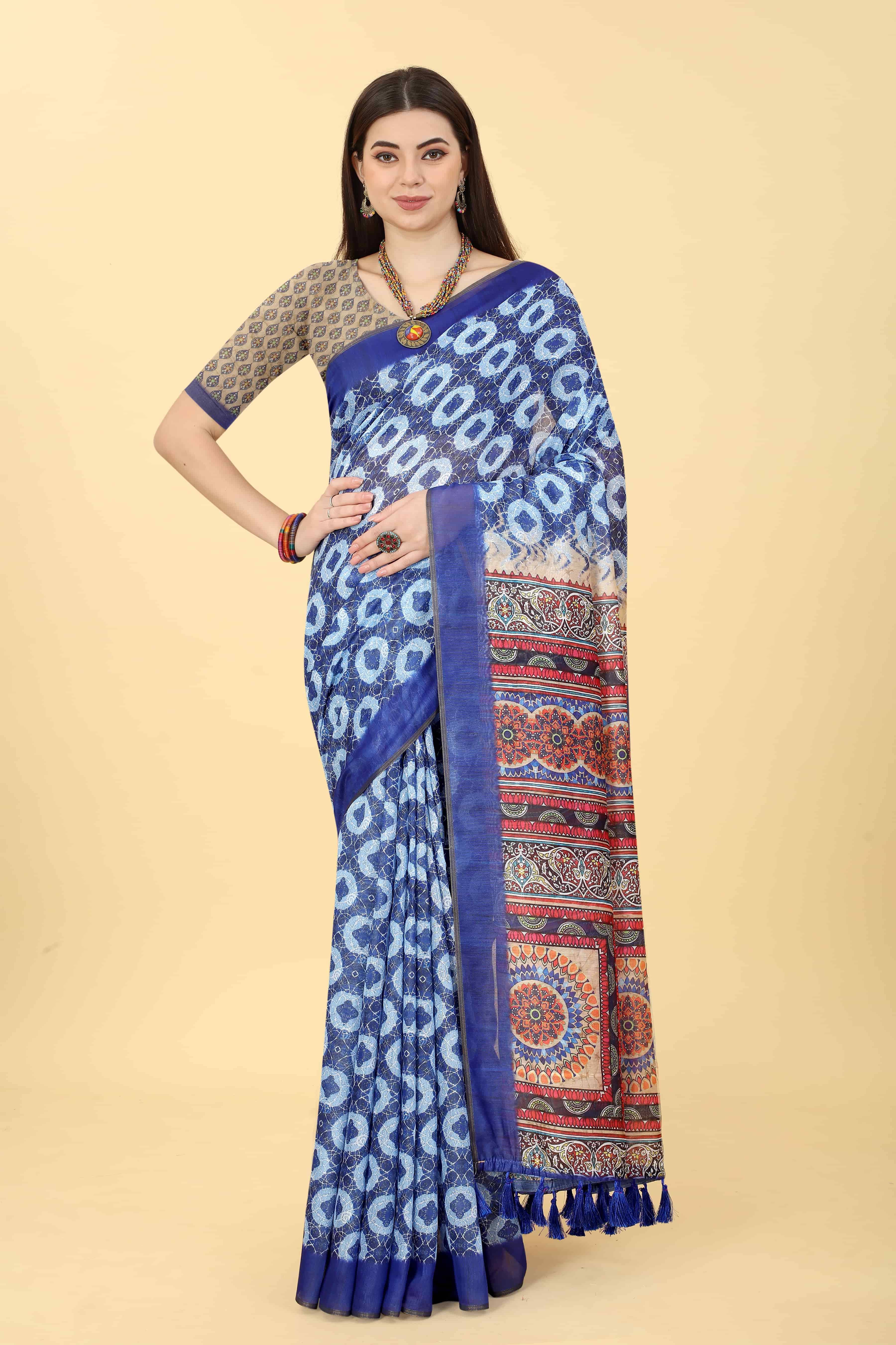 Silk Zone Cotton Blend Printed Chanderi saree With Unstitched Blouse Piece ( Blue ) Silk Zone Cotton Blend Printed Chanderi saree With Unstitched Blouse Piece ( Blue )