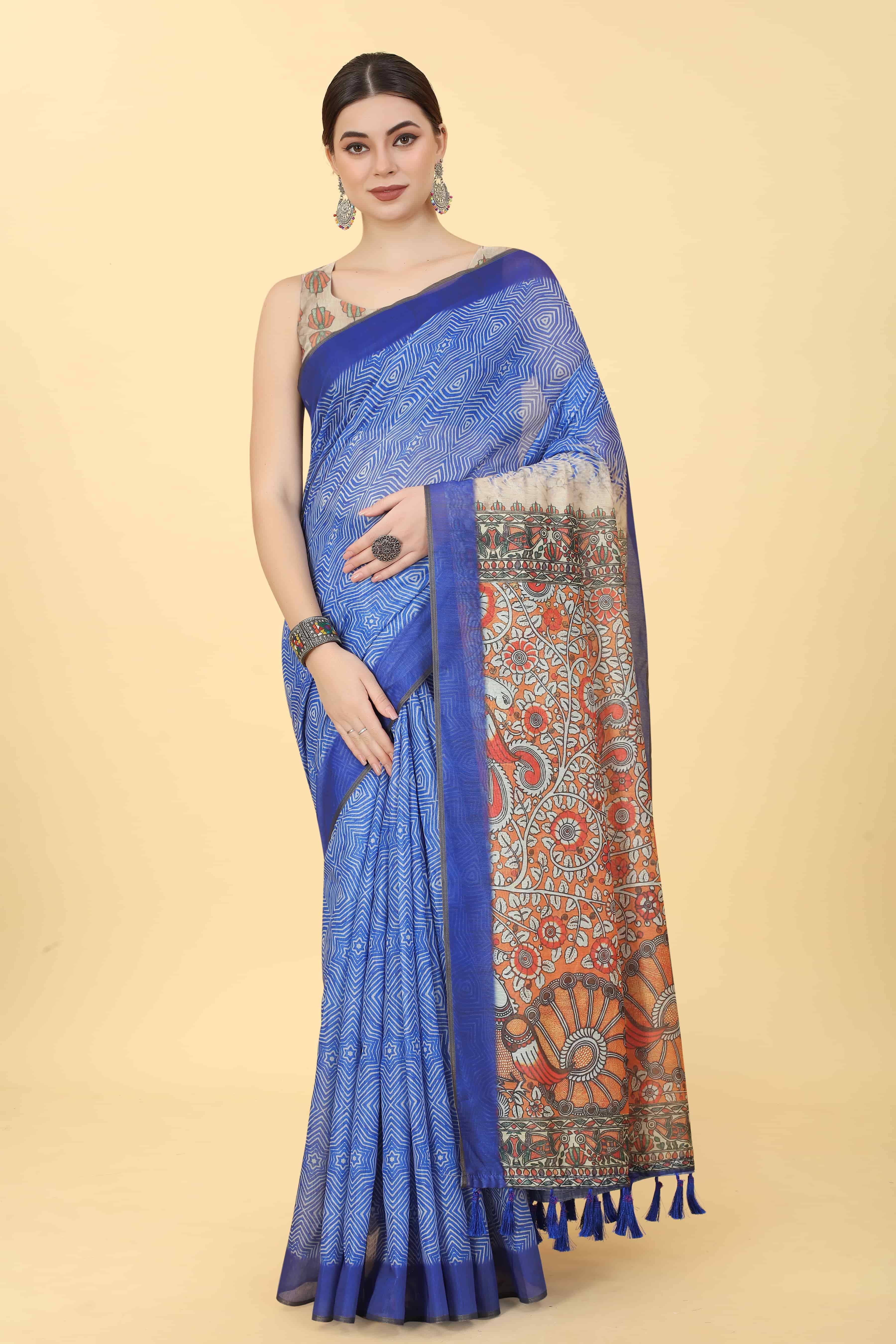     			Silk Zone Cotton Blend Printed Chanderi saree With Unstitched Blouse Piece ( Blue )