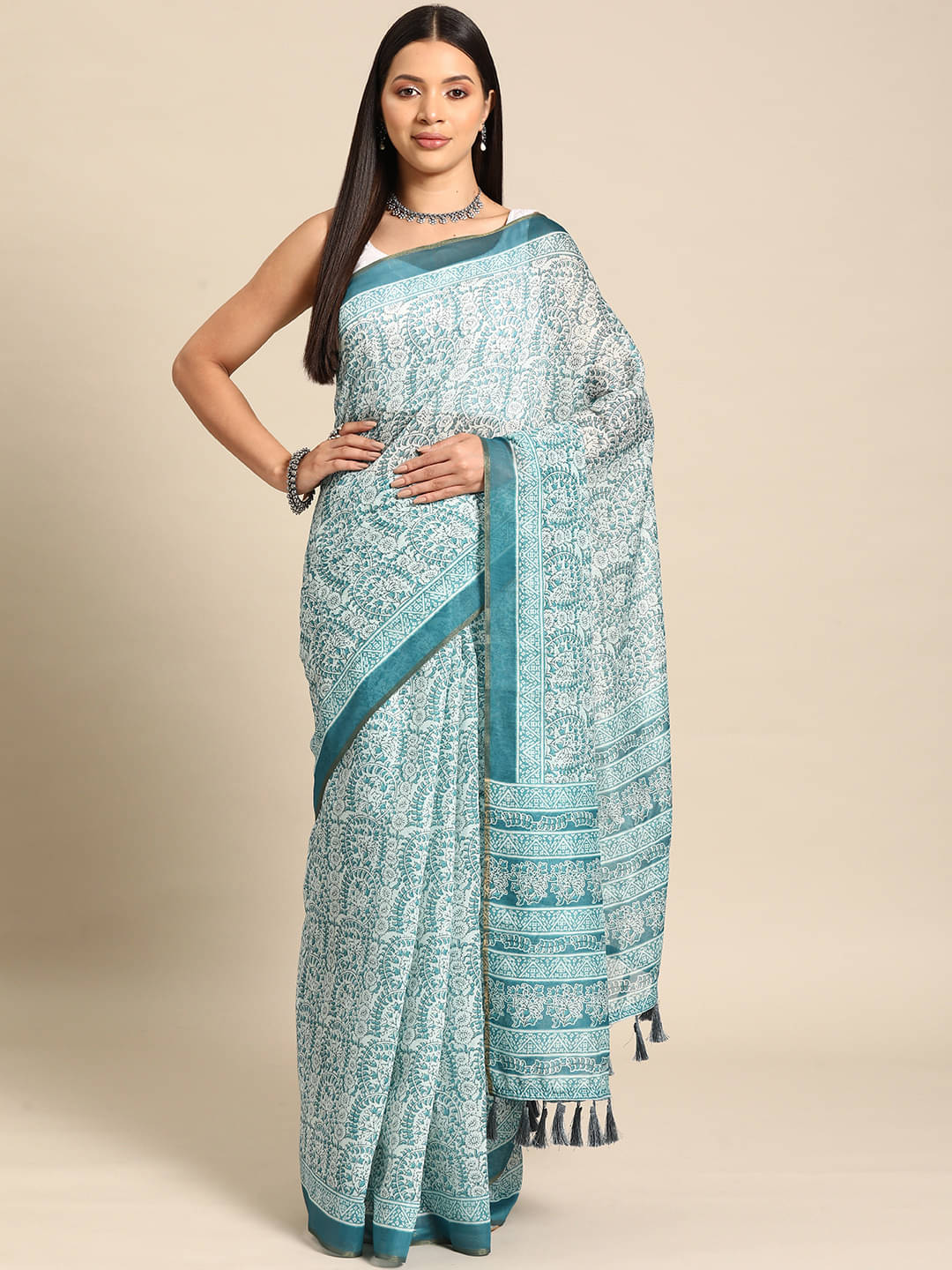     			Silk Zone Cotton Blend Printed Chanderi saree With Unstitched Blouse Piece ( Teal )