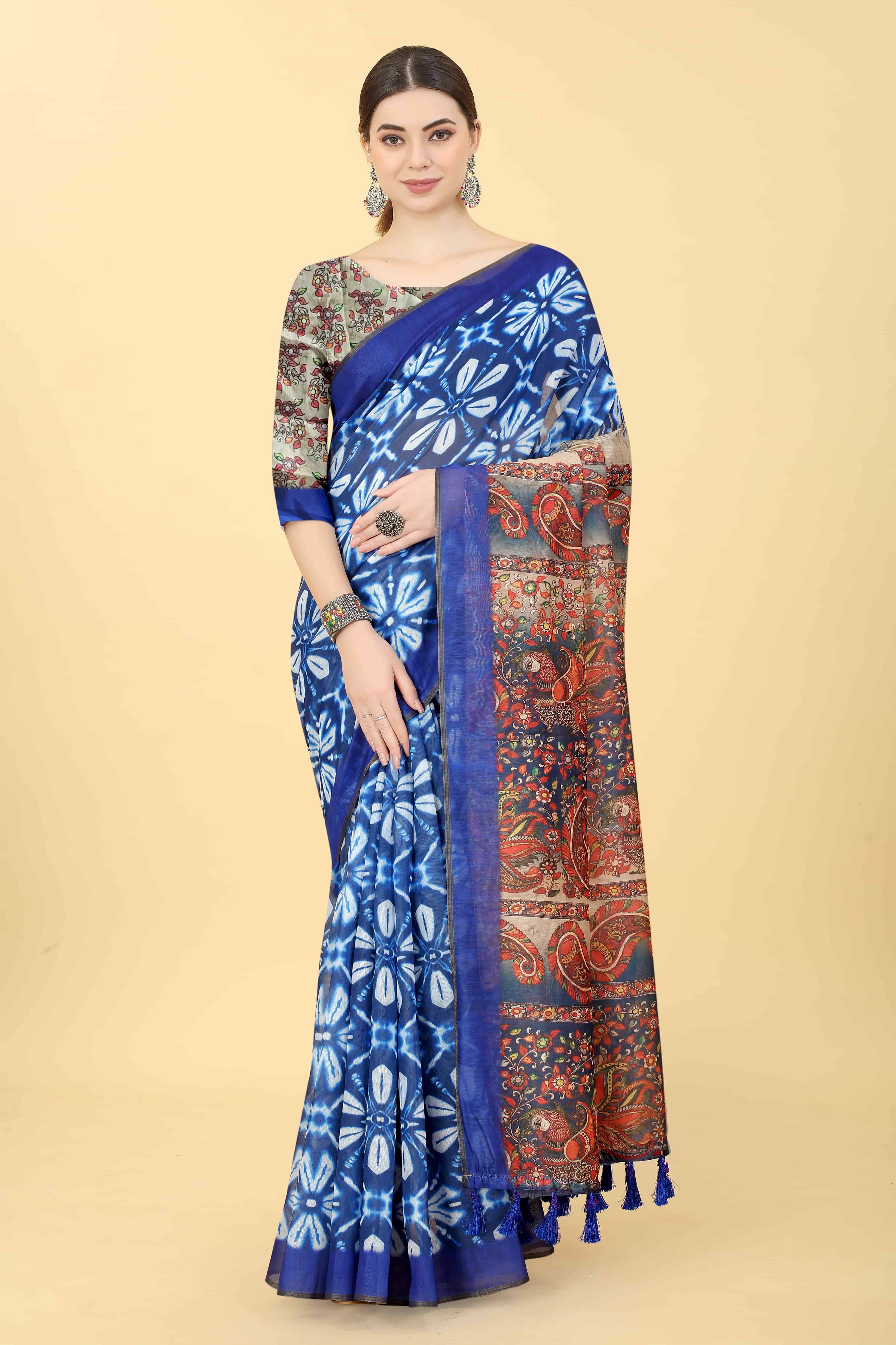     			Silk Zone Cotton Blend Printed Chanderi saree With Unstitched Blouse Piece ( Blue )