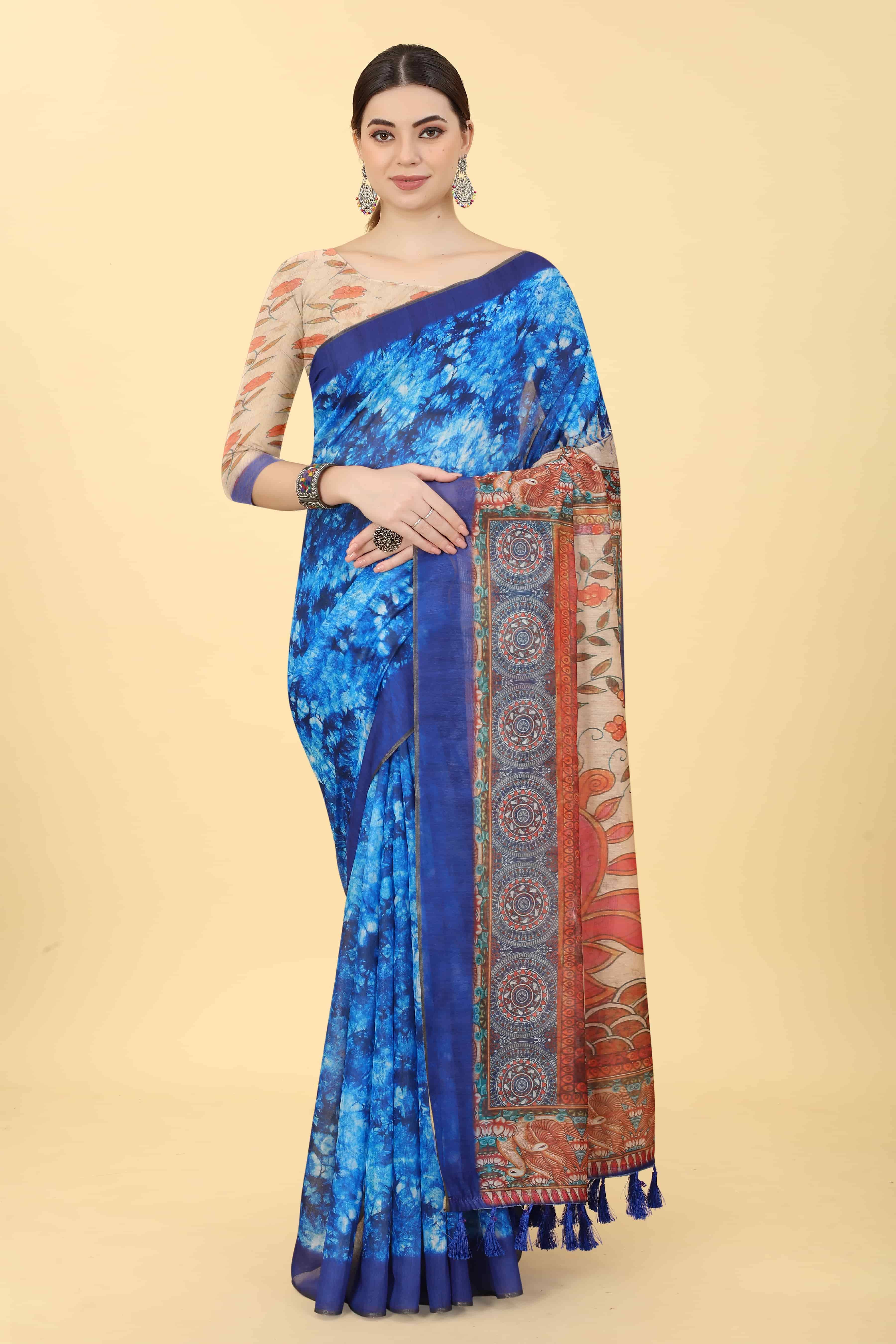 Silk Zone Cotton Blend Printed Chanderi saree With Unstitched Blouse Piece ( Blue ) Silk Zone Cotton Blend Printed Chanderi saree With Unstitched Blouse Piece ( Blue )