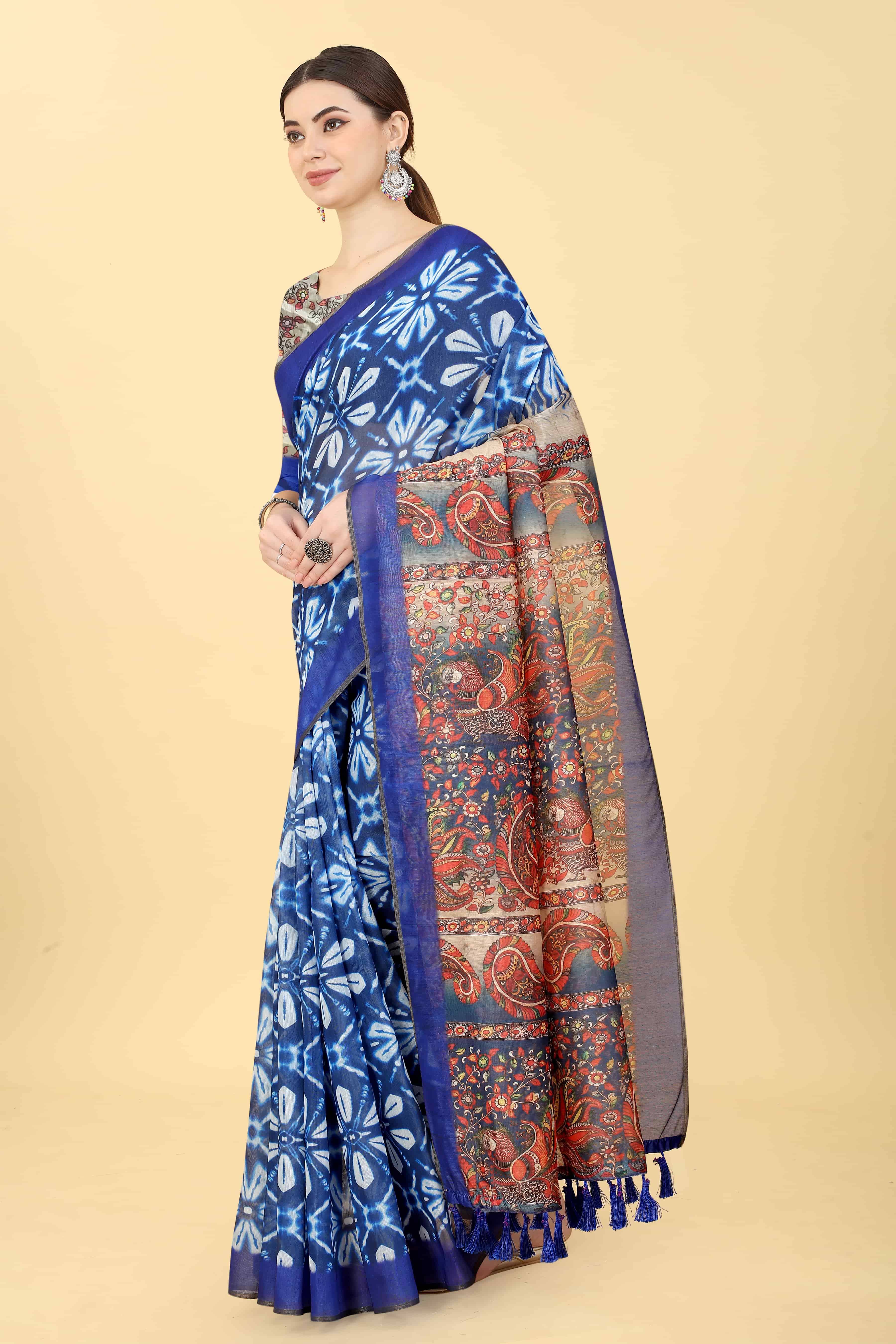     			Silk Zone Cotton Blend Printed Chanderi saree With Unstitched Blouse Piece ( Blue )