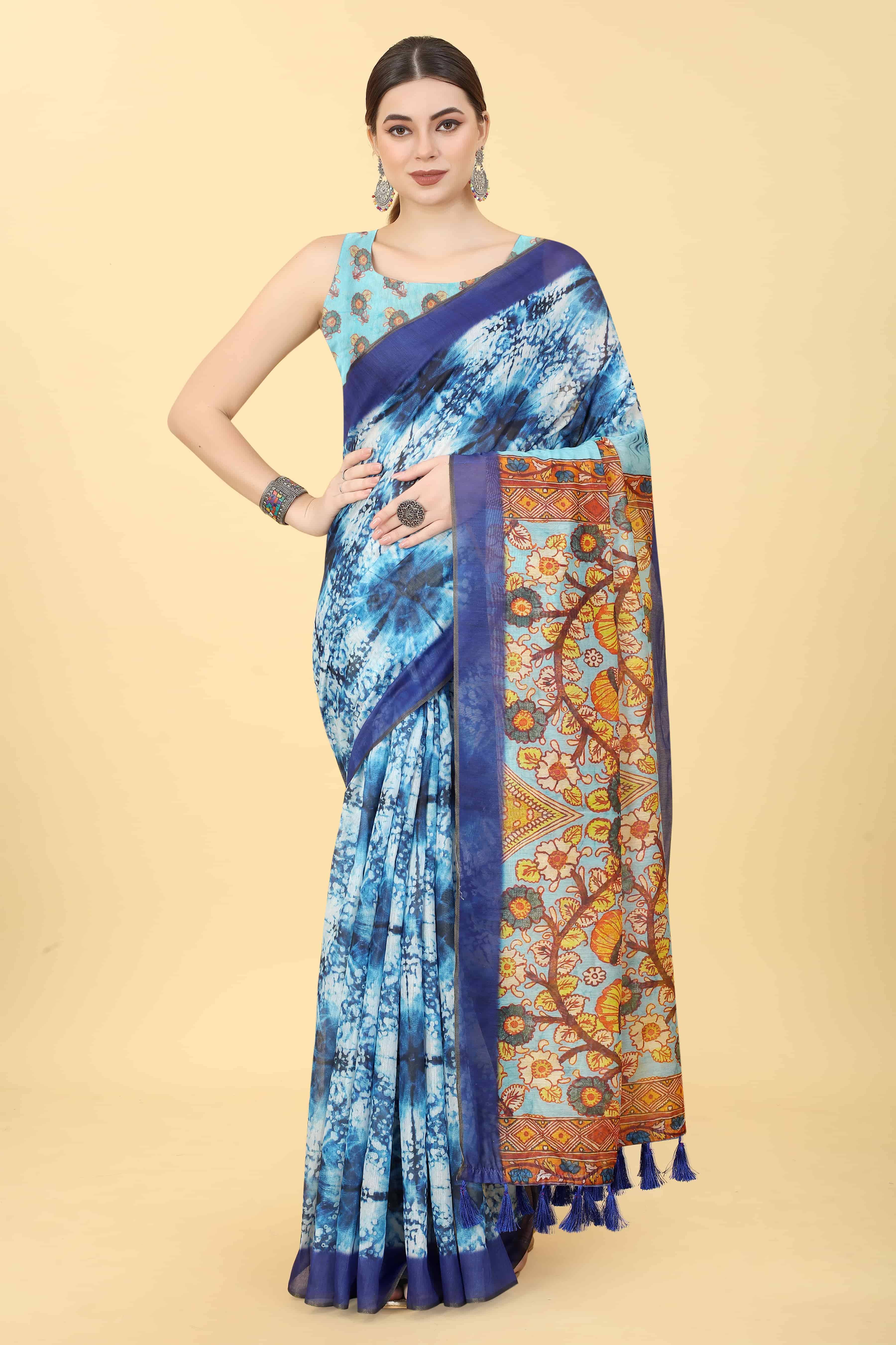     			Silk Zone Cotton Blend Printed Chanderi saree With Unstitched Blouse Piece ( Blue )