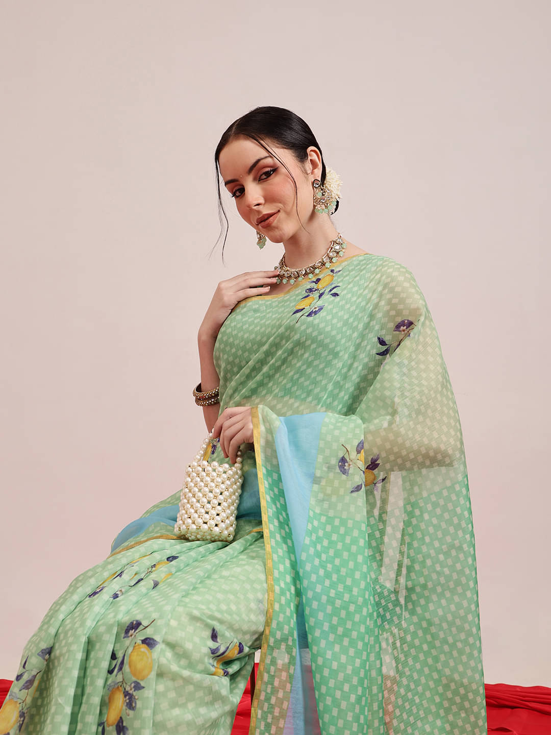     			Silk Zone Cotton Blend Printed Chanderi saree With Unstitched Blouse Piece ( Green )