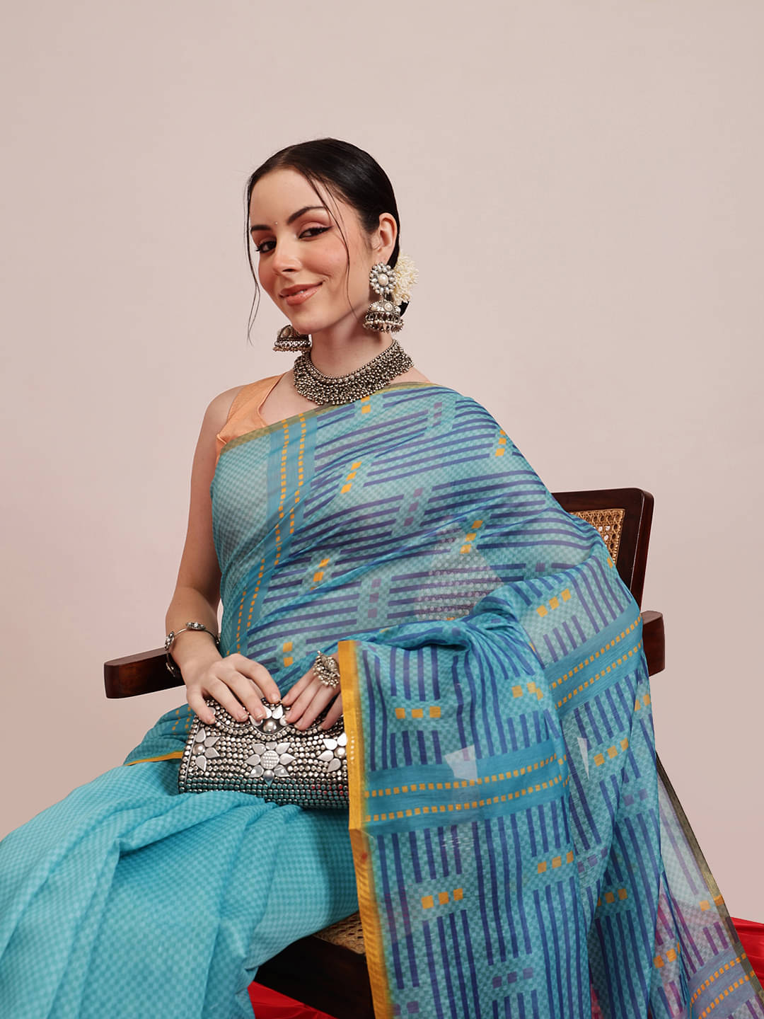     			Silk Zone Cotton Blend Printed Chanderi saree With Unstitched Blouse Piece ( Teal )