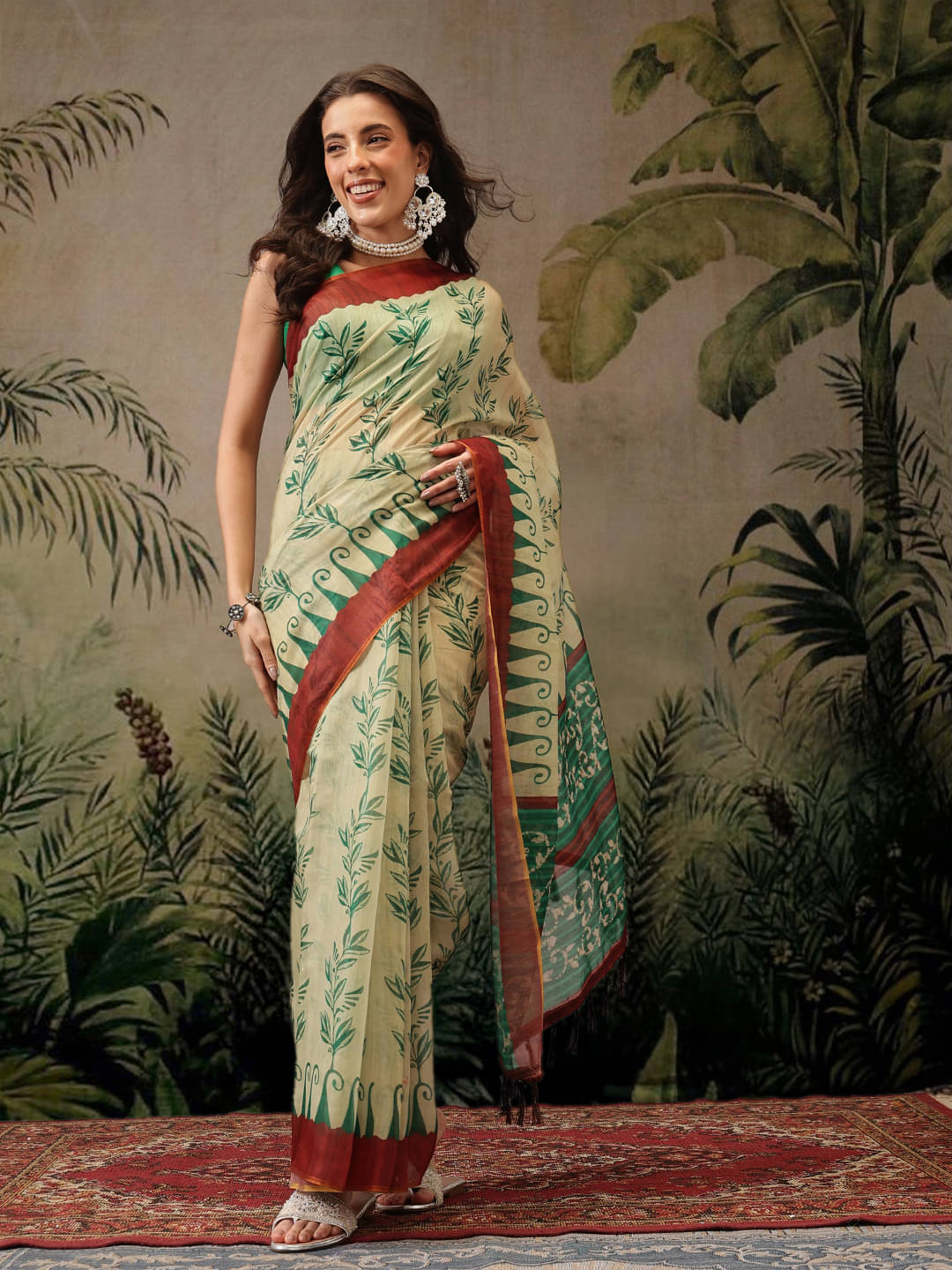     			Silk Zone Cotton Blend Printed Chanderi saree With Unstitched Blouse Piece ( Beige )