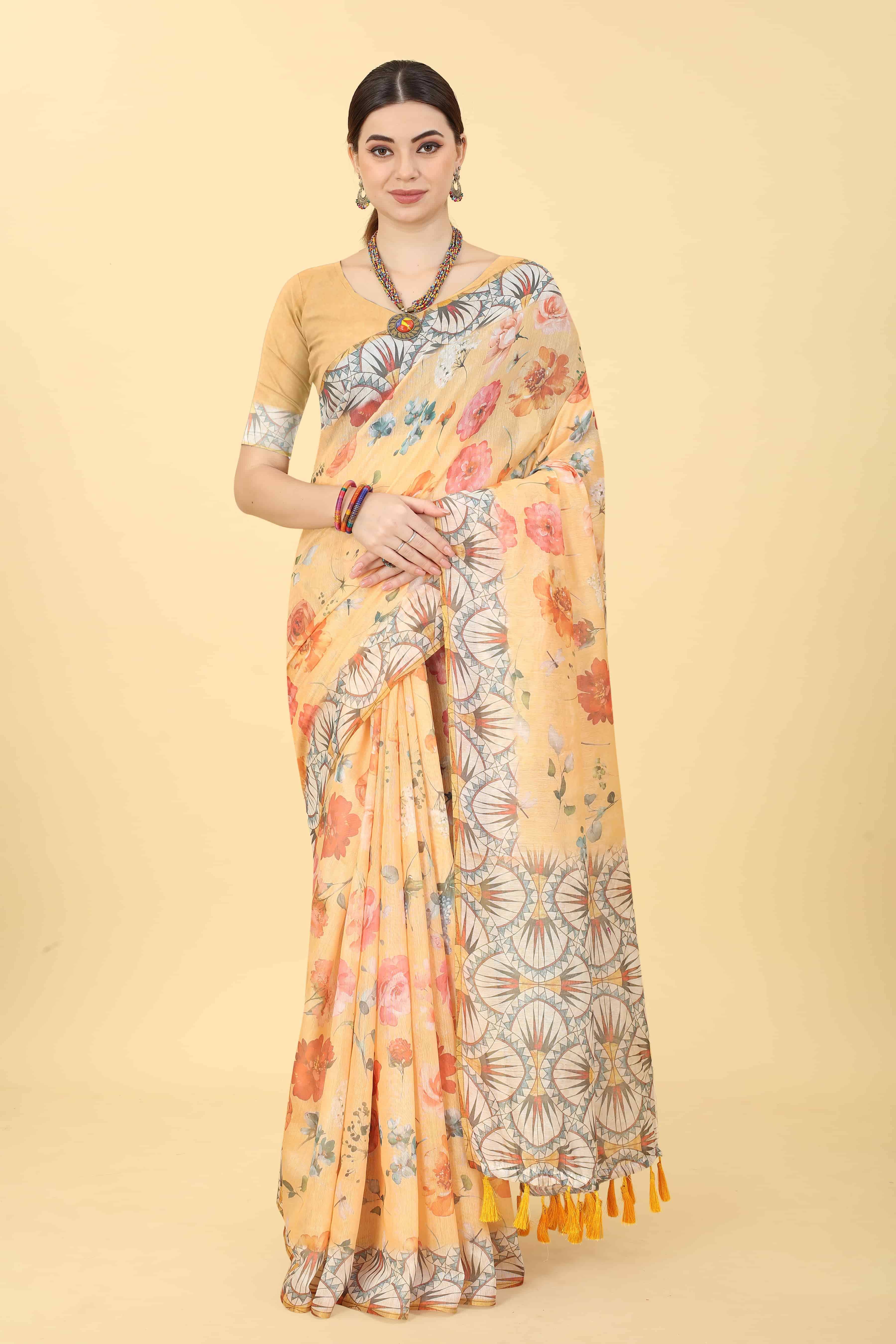 Silk Zone Cotton Blend Printed Chanderi saree With Unstitched Blouse Piece ( Orange ) Silk Zone Cotton Blend Printed Chanderi saree With Unstitched Blouse Piece ( Orange )