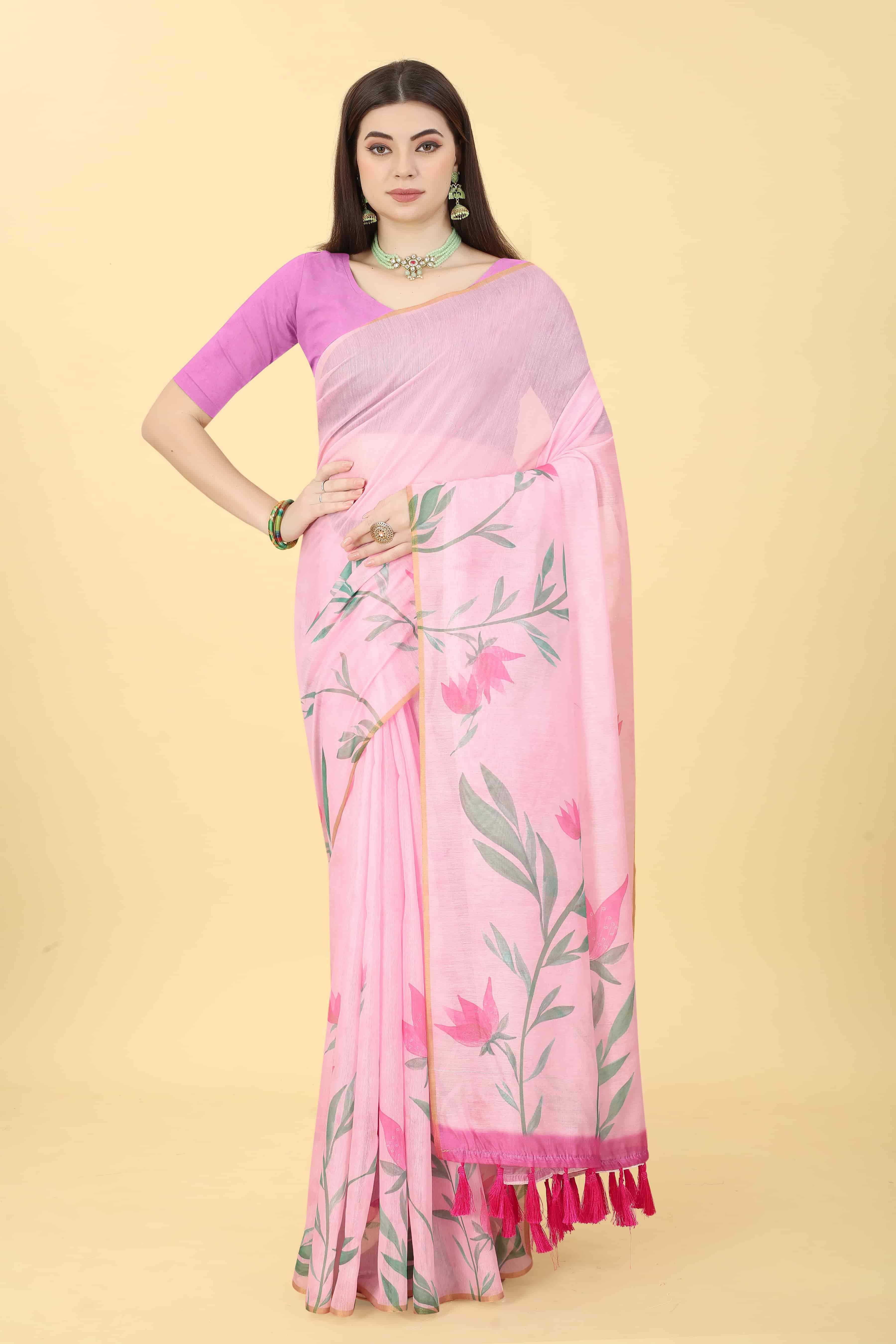 Silk Zone Cotton Blend Printed Chanderi saree With Unstitched Blouse Piece ( Pink ) Silk Zone Cotton Blend Printed Chanderi saree With Unstitched Blouse Piece ( Pink )