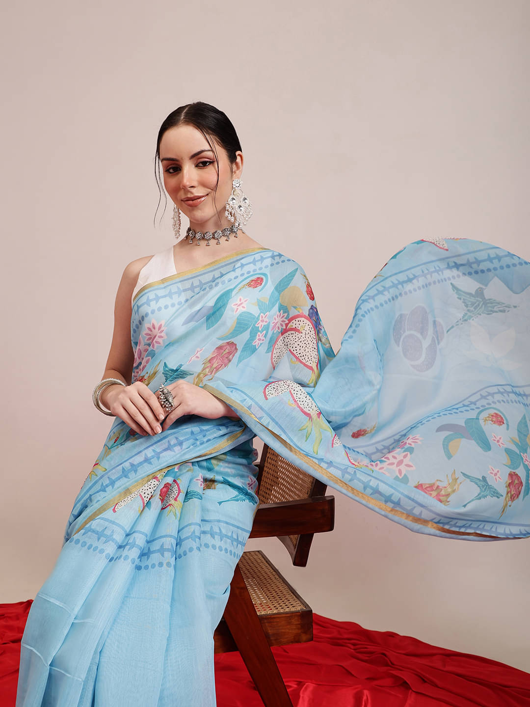     			Silk Zone Cotton Blend Printed Chanderi saree With Unstitched Blouse Piece ( Blue )