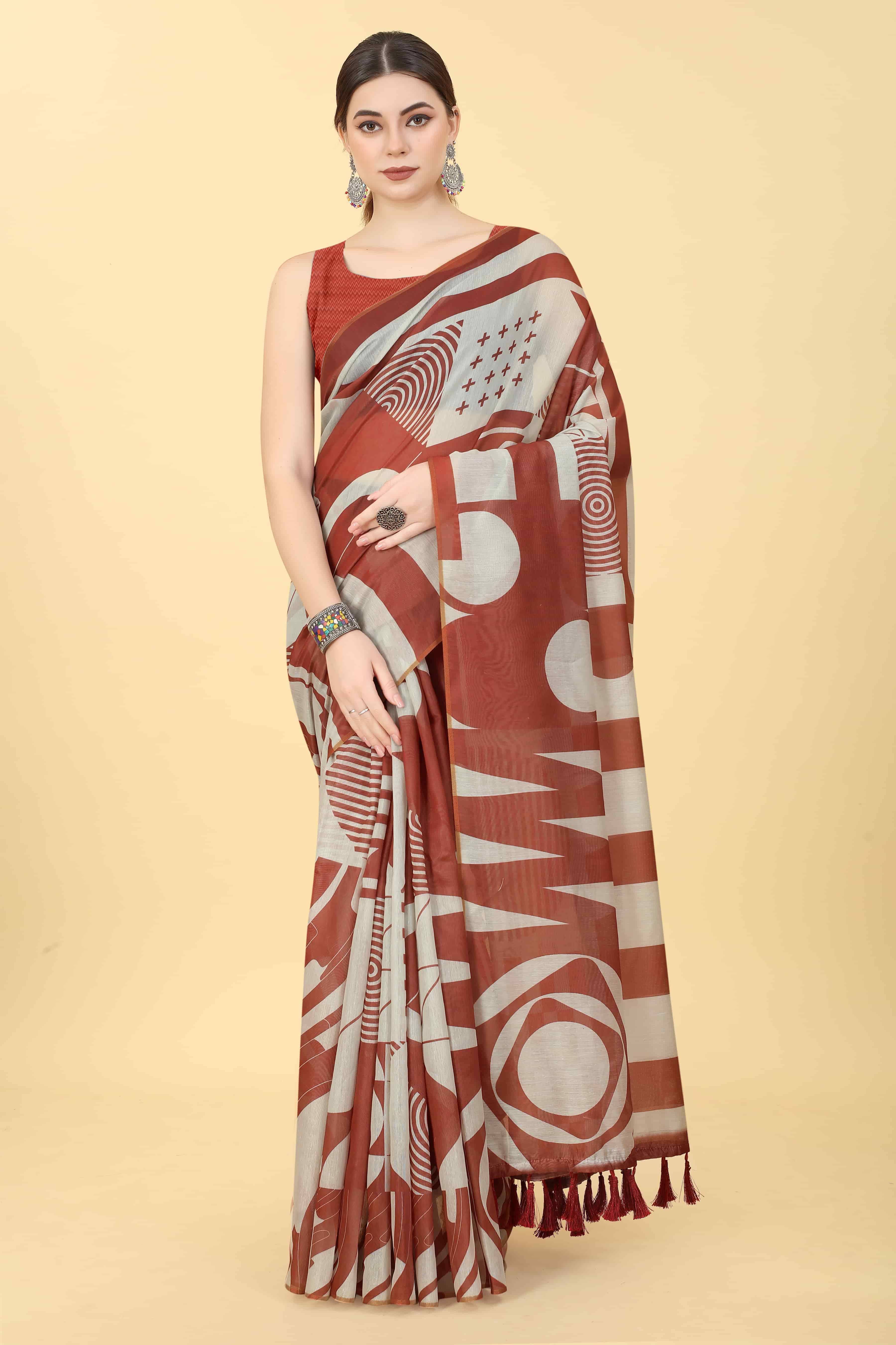     			Silk Zone Cotton Blend Printed Chanderi saree With Unstitched Blouse Piece ( Maroon )