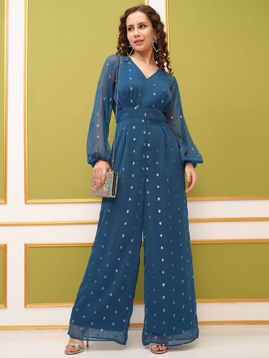 Tokyo Talkies Women Self Design Polyester Jumpsuit ( Blue )