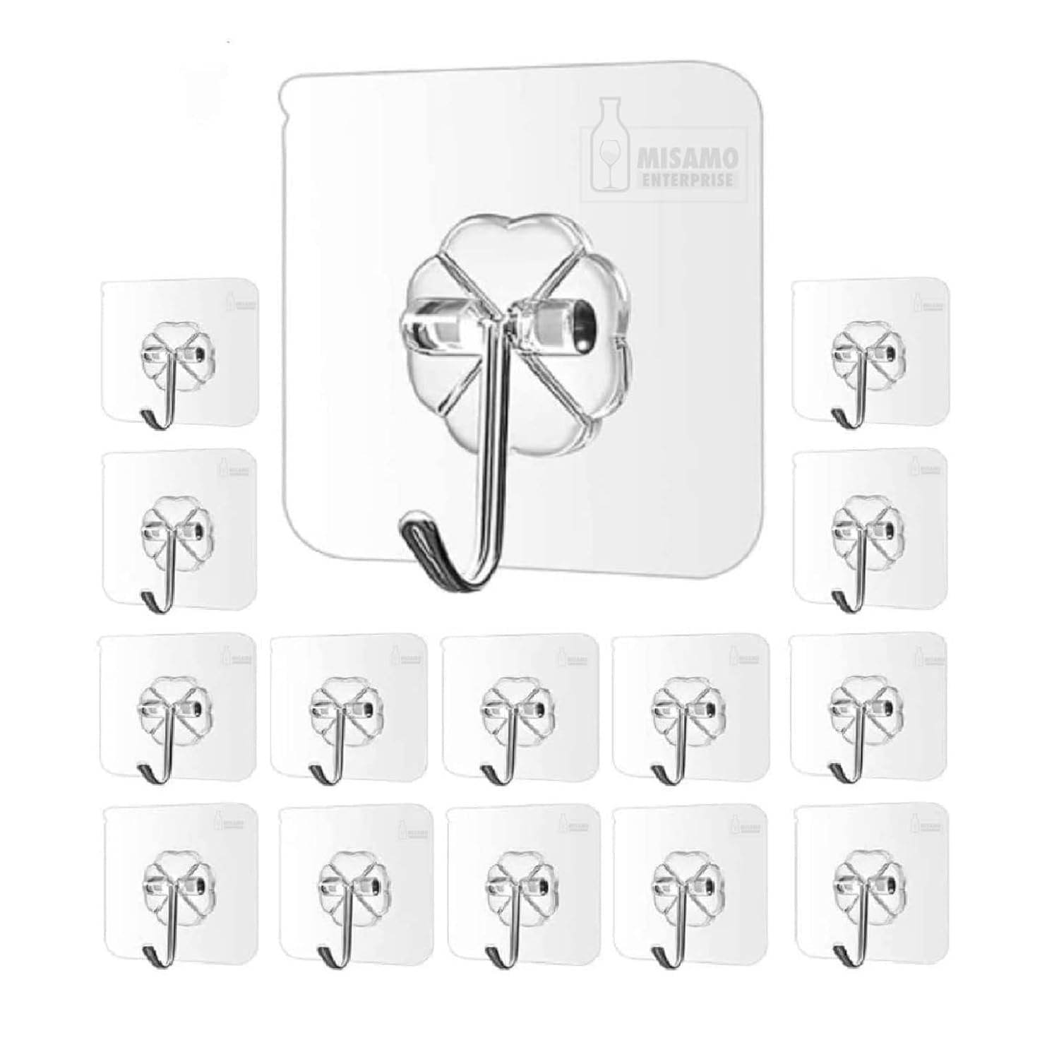     			WHIMSICAL WONDERS Hanging Hooks Without Drilling, 15 Pack Self Adhesive Hooks for Wall Heavy Duty Strong Nail Free, Kitchen Accessories Items (Hanging Hook, Transparent) Stainless Steel