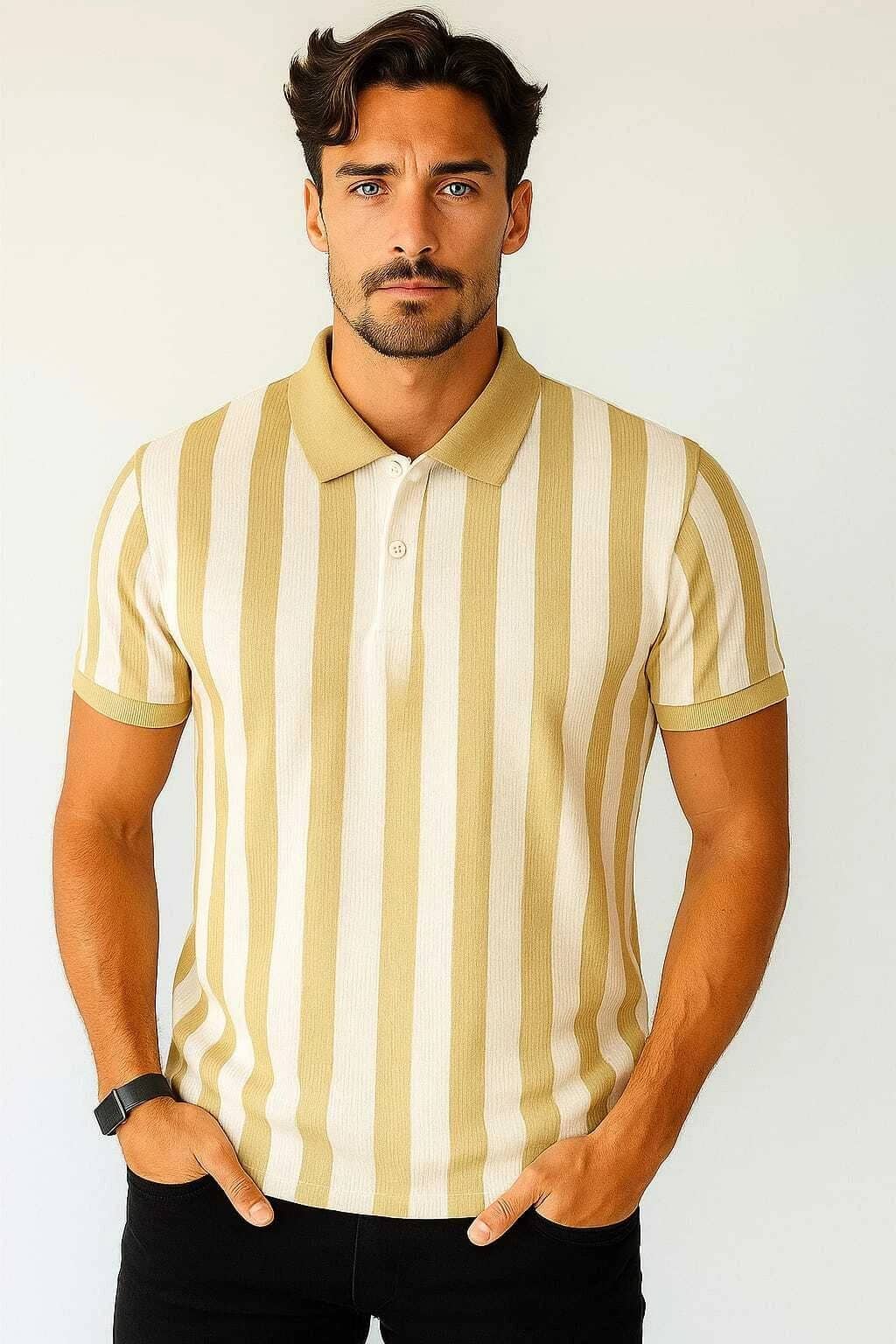 WILD ELEPHANT Men Polyester Regular Fit Striped Polo T Shirt ( Yellow )