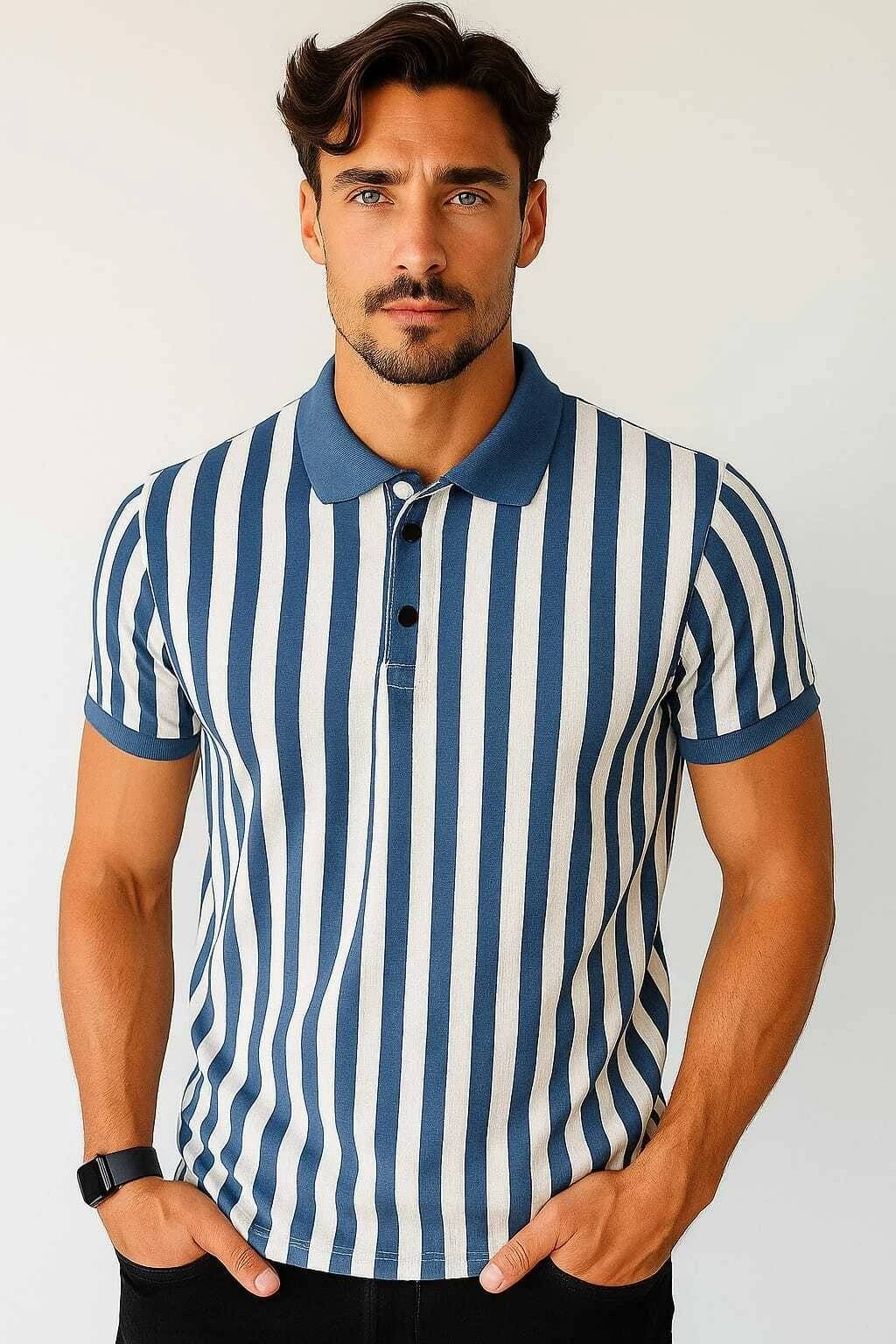 WILD ELEPHANT Men Polyester Regular Fit Striped Polo T Shirt ( Blue ) WILD ELEPHANT Men Polyester Regular Fit Striped Polo T Shirt ( Blue )