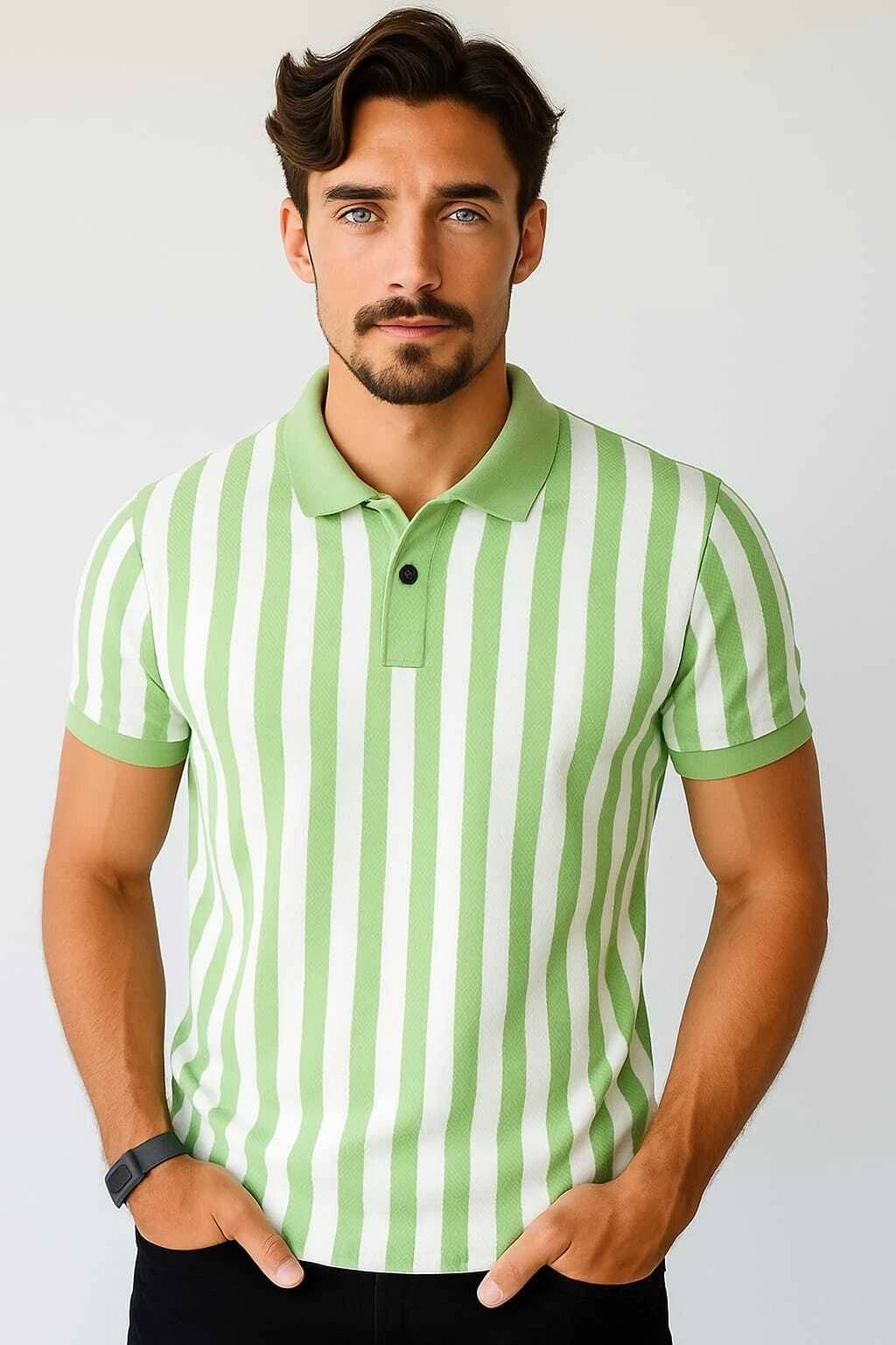 WILD ELEPHANT Men Polyester Regular Fit Striped Polo T Shirt ( Green ) WILD ELEPHANT Men Polyester Regular Fit Striped Polo T Shirt ( Green )