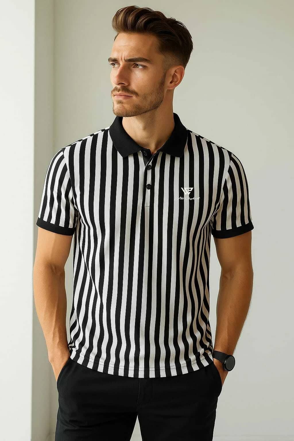 WILD ELEPHANT Men Polyester Regular Fit Striped Polo T Shirt ( Black )