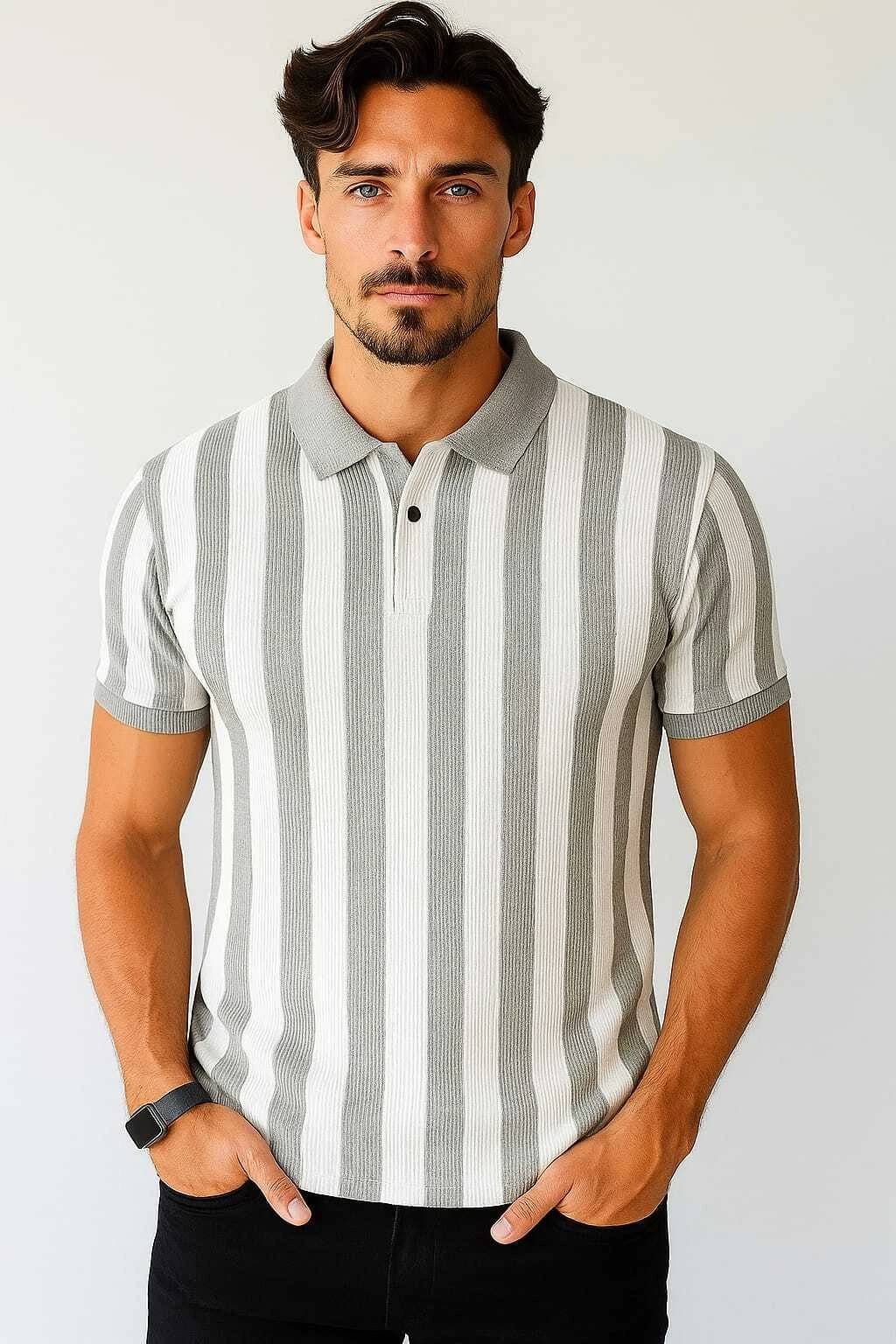     			WILD ELEPHANT Men Polyester Regular Fit Striped Polo T Shirt ( Grey )
