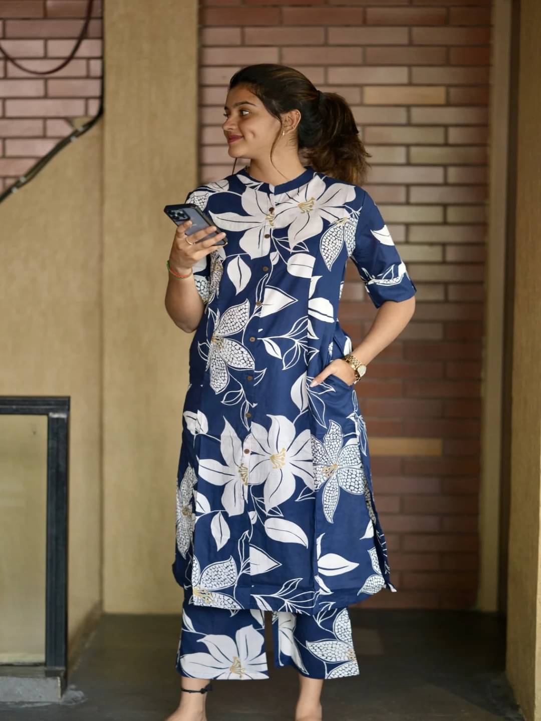 YAGNIK FASHION Women Cotton Solid Flared Kurti With Palazzo ( Blue ) YAGNIK FASHION Women Cotton Solid Flared Kurti With Palazzo ( Blue )