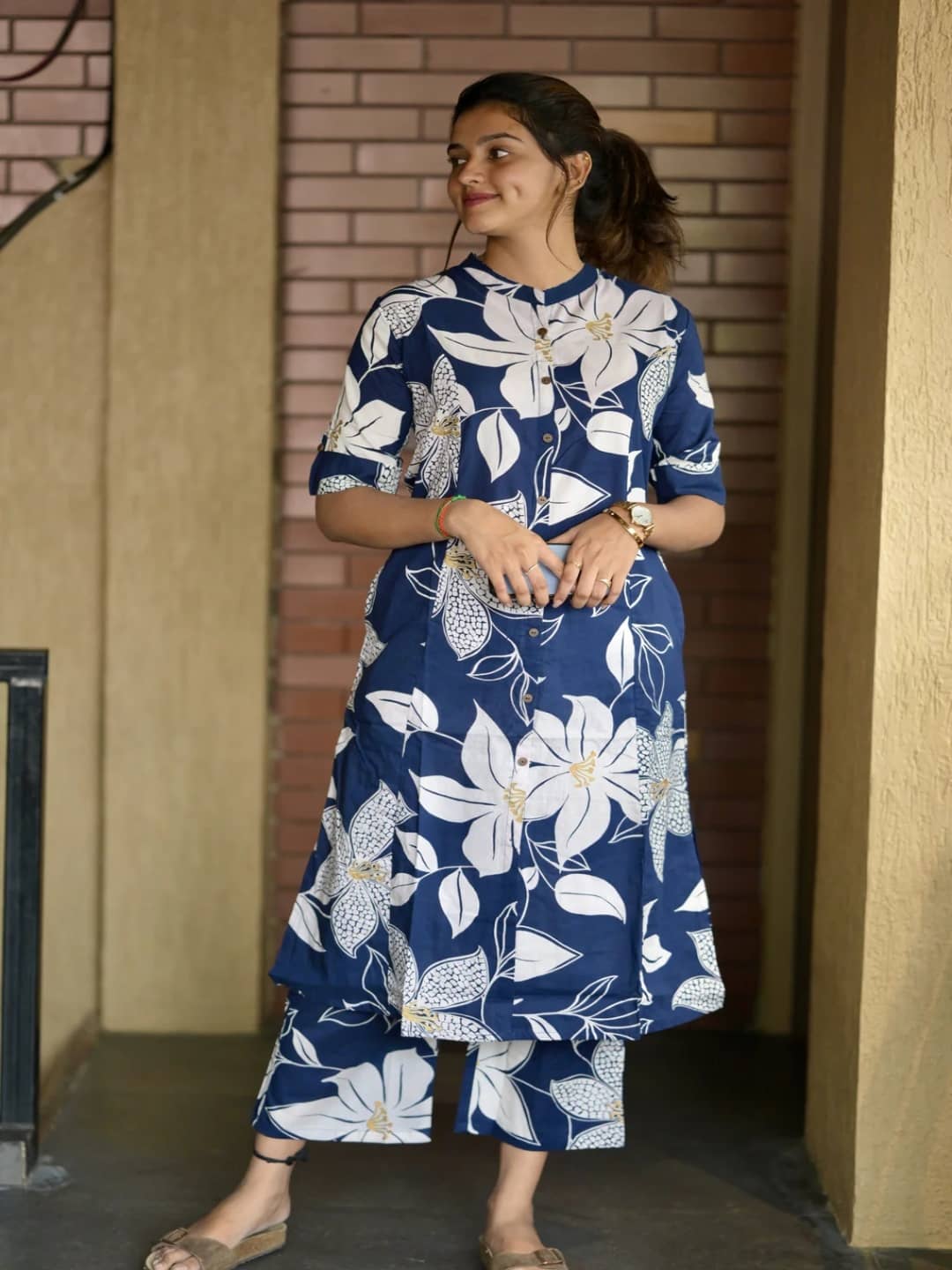 YAGNIK FASHION Women Cotton Solid Flared Kurti With Palazzo ( Blue )