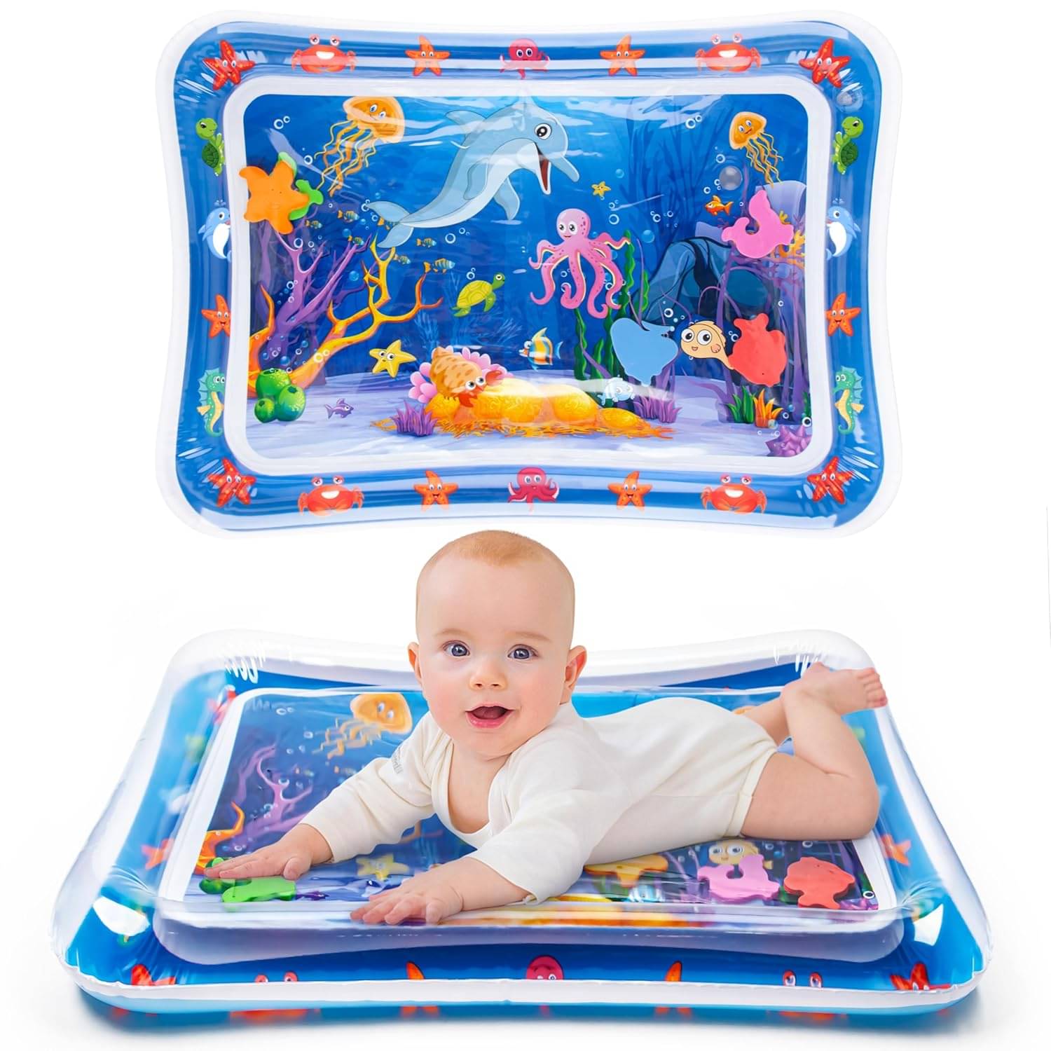     			sakimo Baby Tummy Time Water Play Mat for Infants – Inflatable Leak-Proof Sensory Activity Mat with Colorful Floating Toys – BPA-Free, Non-Toxic Belly Time Floor Toy for Newborns and Toddlers (Pack Of 1)