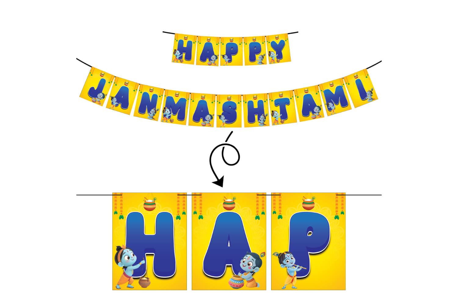 1iAM Happy Janmashtami Decoration Items For Home - Pack of 2 | 1pc Exclusive Blue & Yellow "HAPPY JANMASHTAMI" Printed Paper Banner & 1pc Small Rng Ribbon | Krishna Janmastmi Decorative Items 1iAM Happy Janmashtami Decoration Items For Home - Pack of 2 | 1pc Exclusive Blue & Yellow "HAPPY JANMASHTAMI" Printed Paper Banner & 1pc Small Rng Ribbon | Krishna Janmastmi Decorative Items